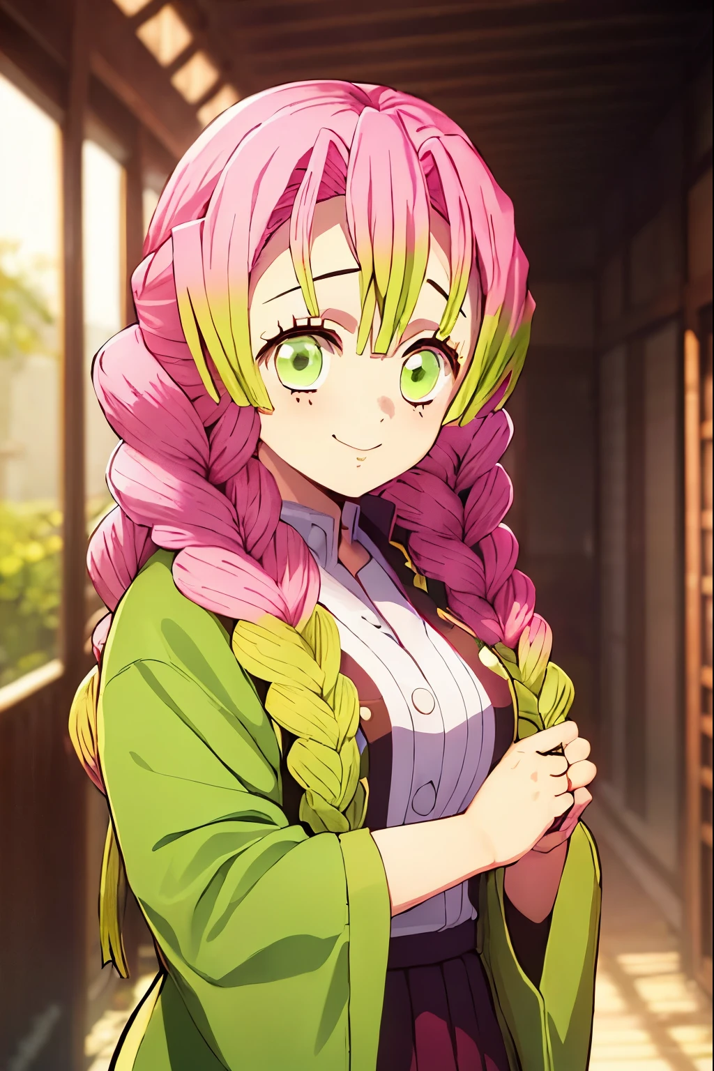 1girl, alone,mitsuri kanroji, large breasts, upper body, haori, bangs, 1girl,green hair, demon slayer uniform, gradient hair, solo, jacket, multicolored hair, white background, breasts,smile, green eyes, twin braids, ope mouth,>_<, pink hair, japanese clothes, long hair.portrait, looking at viewers, perfect hands, perfect anatomy