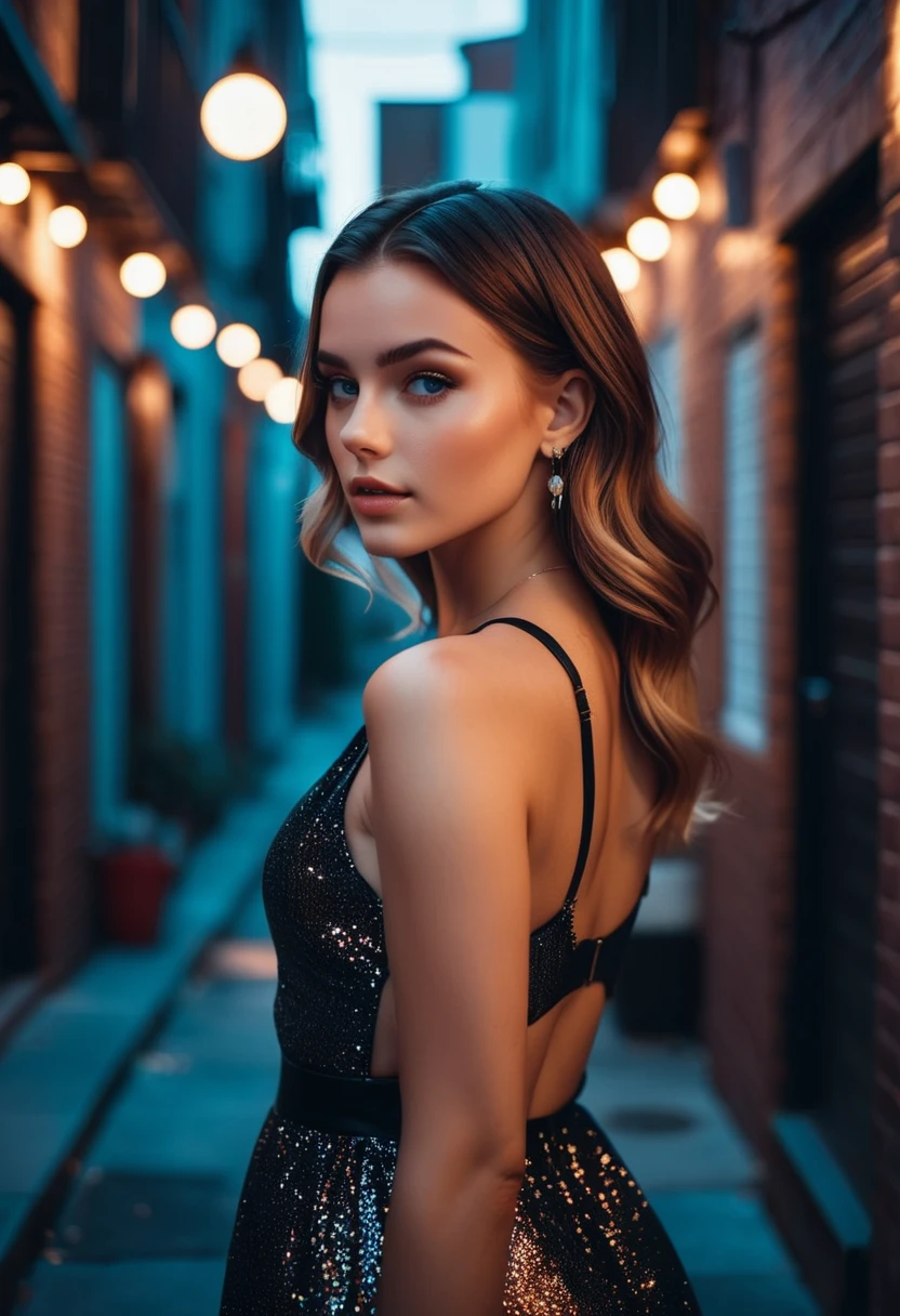 In a legendary haunted alley, a woman dressed in vintage clothing seems to be waiting for something. The colors are mainly composed of dark alleys and bright colors of women's clothing, with light and shadow creating a mysterious atmosphere. The details are reflected in the expressions of women and the surrounding ancient buildings.