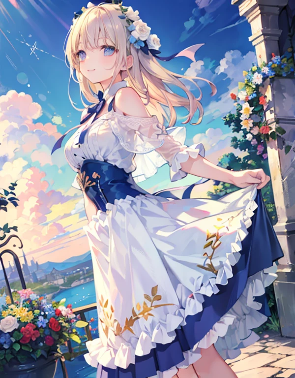 masterpiece, garden, blue sky, Thin blonde hair, long hair, long eyelashes, blue eyes, smile, ribbon in hair, gentle expression, Floral decoration, bangs,A big smile、spin、Floating skirt、dance、Cute smile、Cool look、 break high tower、detailed landscape、Background writing、