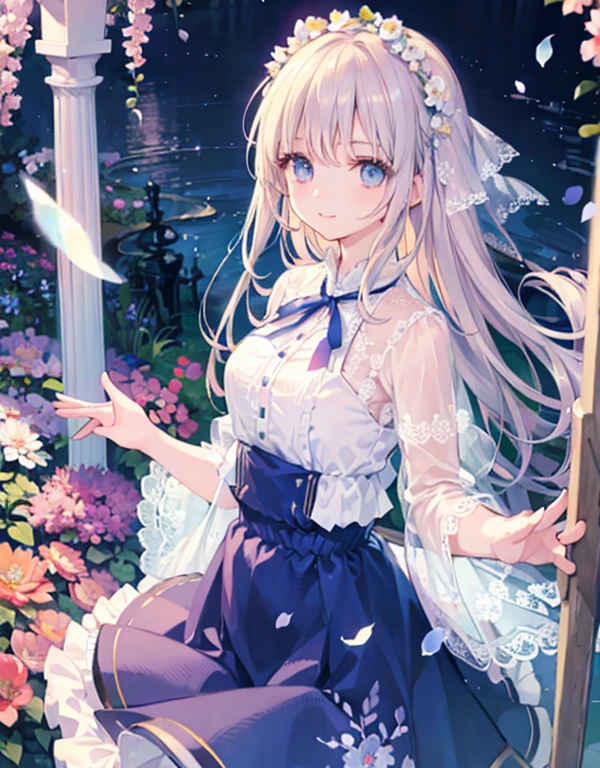 masterpiece, garden, blue sky, Thin blonde hair, long hair, long eyelashes, blue eyes, smile, ribbon in hair, gentle expression, Floral decoration, bangs,A big smile、spin、Floating skirt、dance、Cute smile、Cool look、 break high tower、detailed landscape、Background writing、