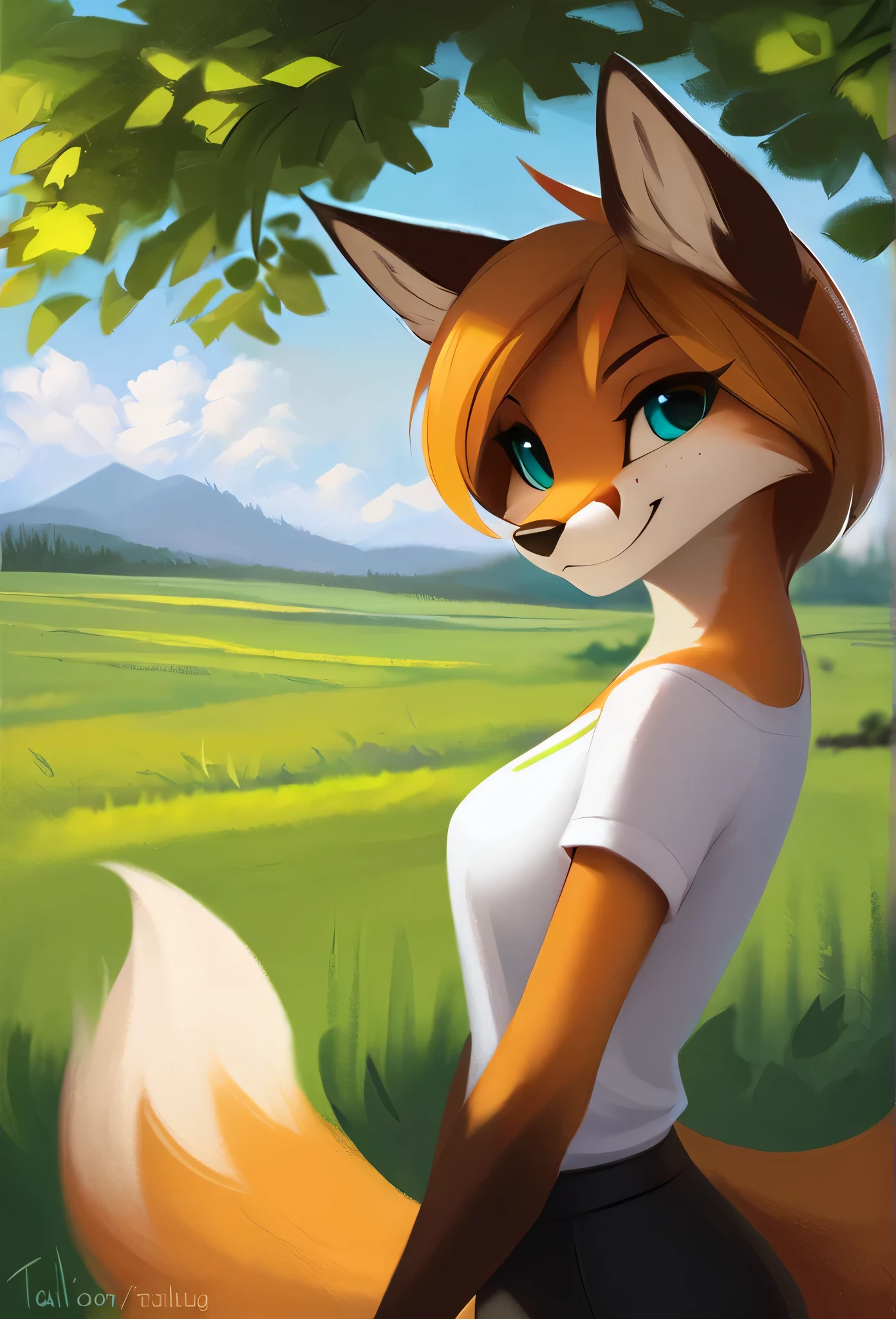 furry female, red fox, mammal, tailhug, a beautiful furry fox girl is standing in contraposto pose in the park, she looks at viewer and smiles, she wears white shirt, yellow jacket and black pants, the background is blurry, field of view, sky, day, oil painting, award winning illustration, masterpiece|highly detailed|best quality|hd|8k|uhd|intricate details|extreme_detail