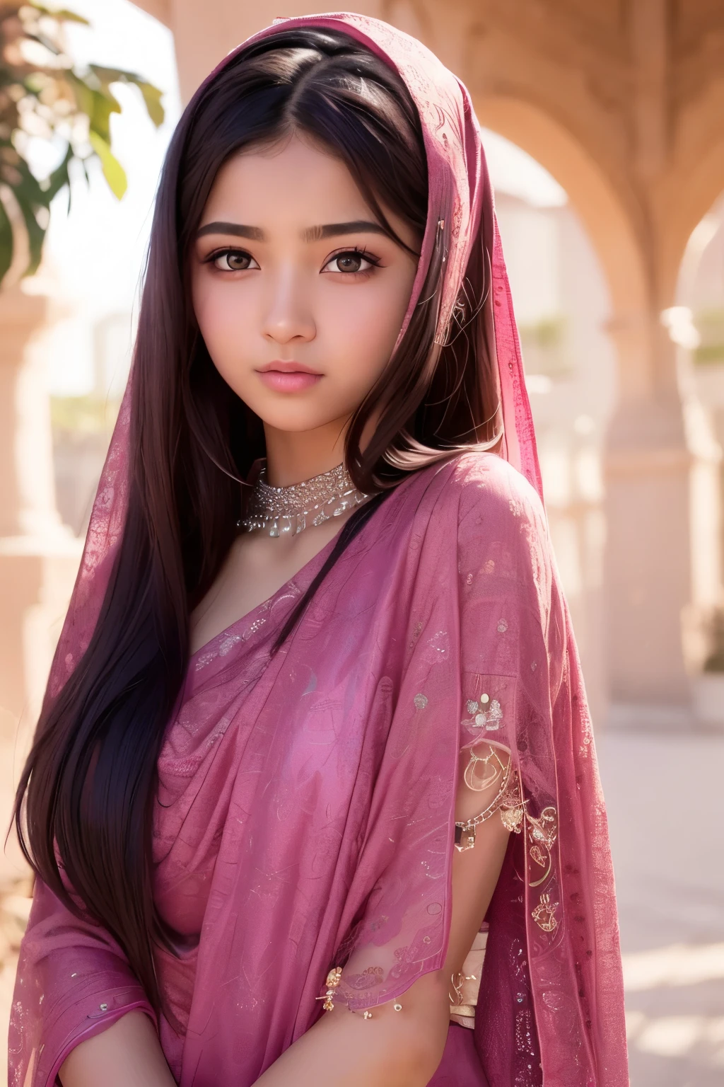 pink long shawl, beautiful girl, brown_eyeeautiful slim age girl 18 year old, lips, realistic, narrow waist, charming, pink lipstick, colorful makeup, long eyelashes, wearing eyeliner, fair skin, (cute), (detailed face), detailed eyes, detailed iris
