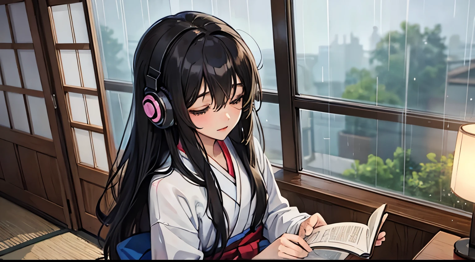 room、Window、rain、beautiful girl、Headphones、reading、Close ~ eyes、Black Hair、Japanese anime style