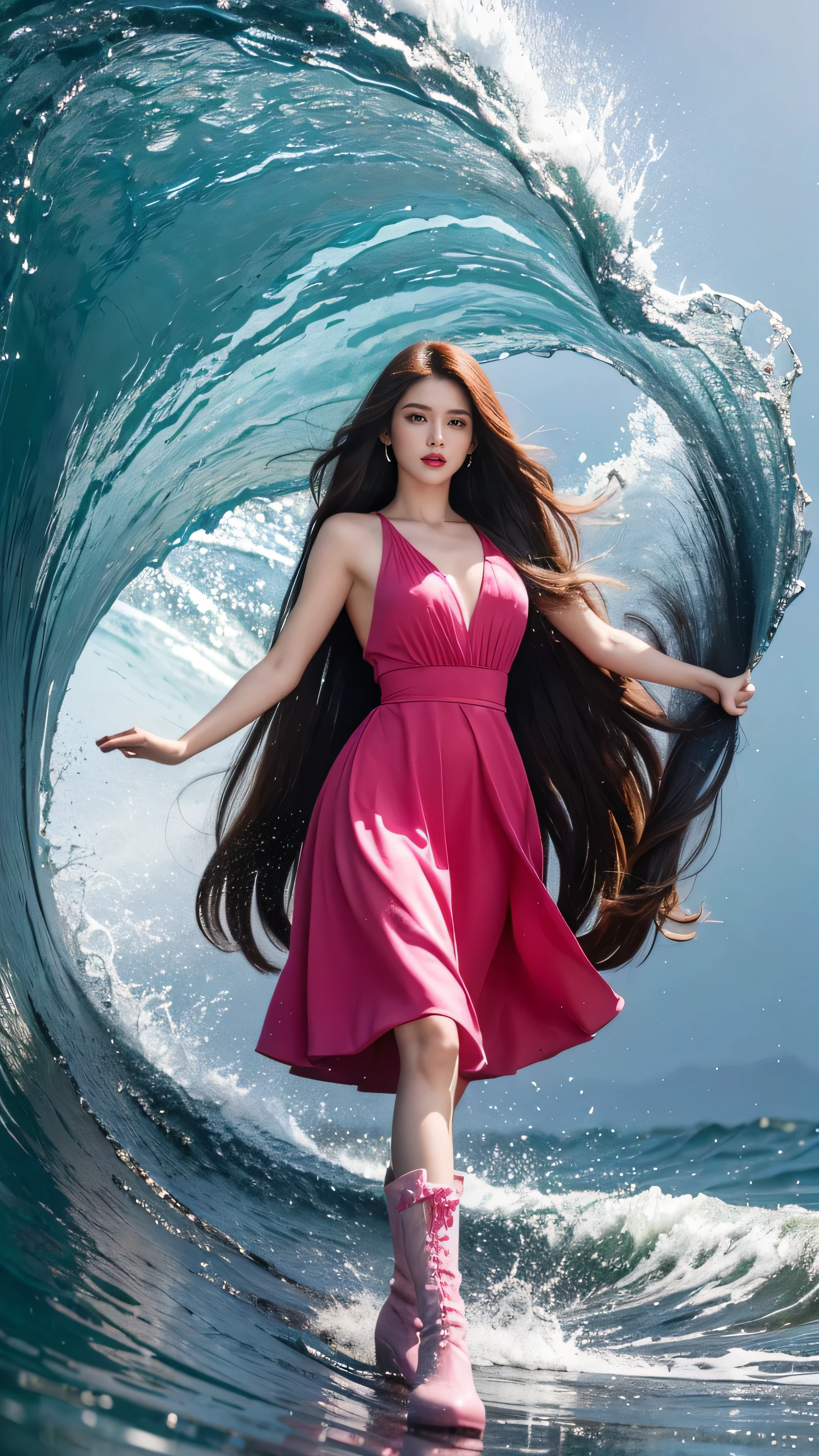 highest quality,masterpiece,Ultra-high resolution,(Actual:1.4),Original photo,Ultra-high resolution,8k,There are women,Fair skin,Exquisite makeup,Big waves of red lips,pink Dress,pink boots,Long legs,Bright and beautiful、Long straight hair_Hair reaching down to the waist