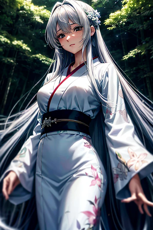 Anime, realist, Japanese woman with expressionless white eyes, wearing a large white yukata, in a vast dark forest, an aura of magic surrounds the perspective in third person view, high definition and detailed, cabello grande branco (long white hair), vestindo yukata branco (wearing a white yukata), em uma floresta grande escura (in a vast dark forest), com aura magica em volta (an aura of magic surrounds), terceira pessoa (third person view), high definition, detalhes intricados (intricate details), cabelo e roupa detalhados (hair and clothes detailed).