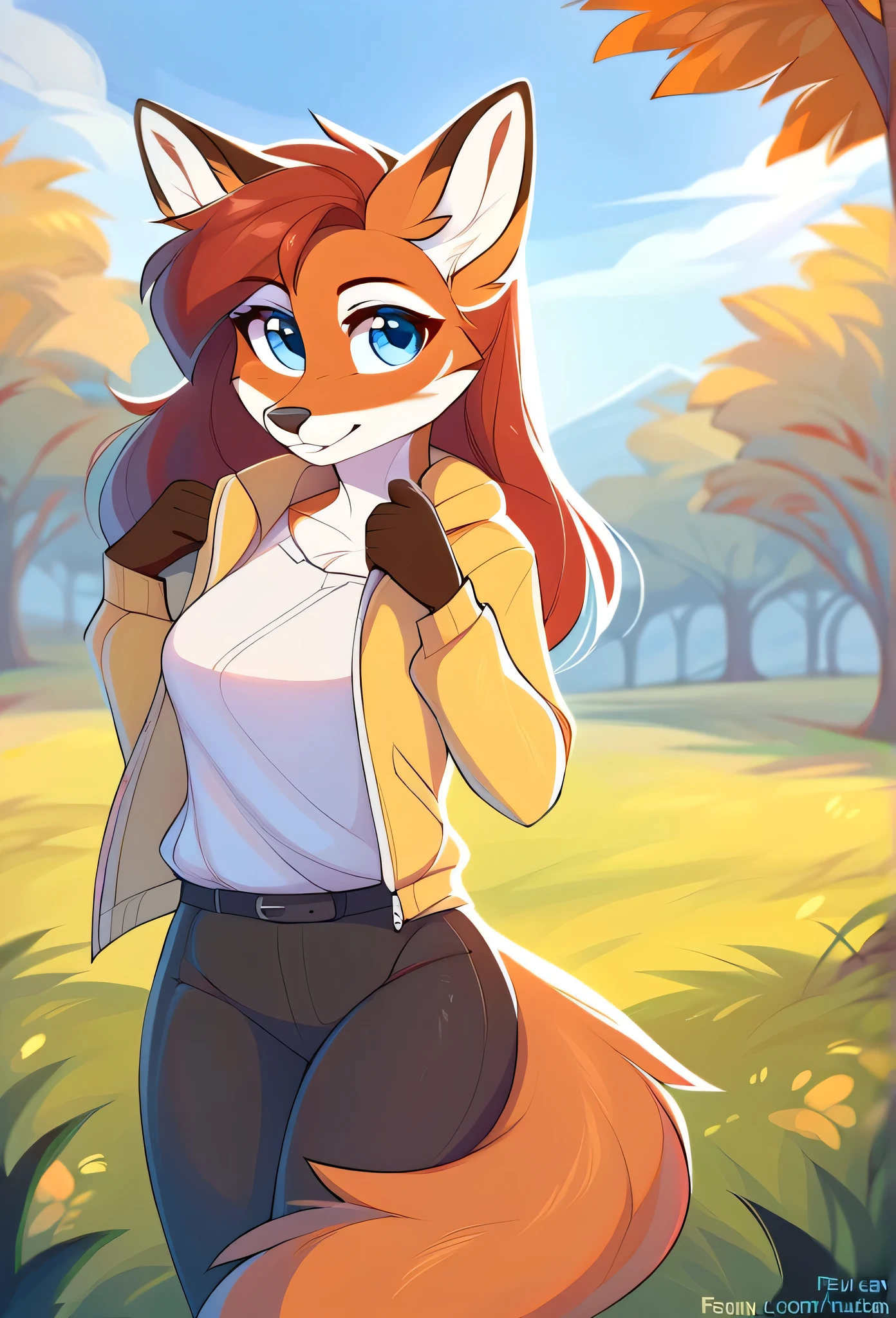 furry female, red fox, mammal, fensu-san, a beautiful furry fox girl is standing in contraposto pose in the park, she looks at viewer and smiles, she wears white shirt, yellow jacket and black pants, the background is blurry, field of view, sky, day, beautiful blue eyes, award winning illustration|trending on artstation, correct anatomy|perfect face|expressive eyes,  masterpiece|highly detailed|best quality|hd|8k|uhd|intricate details|extreme_detail