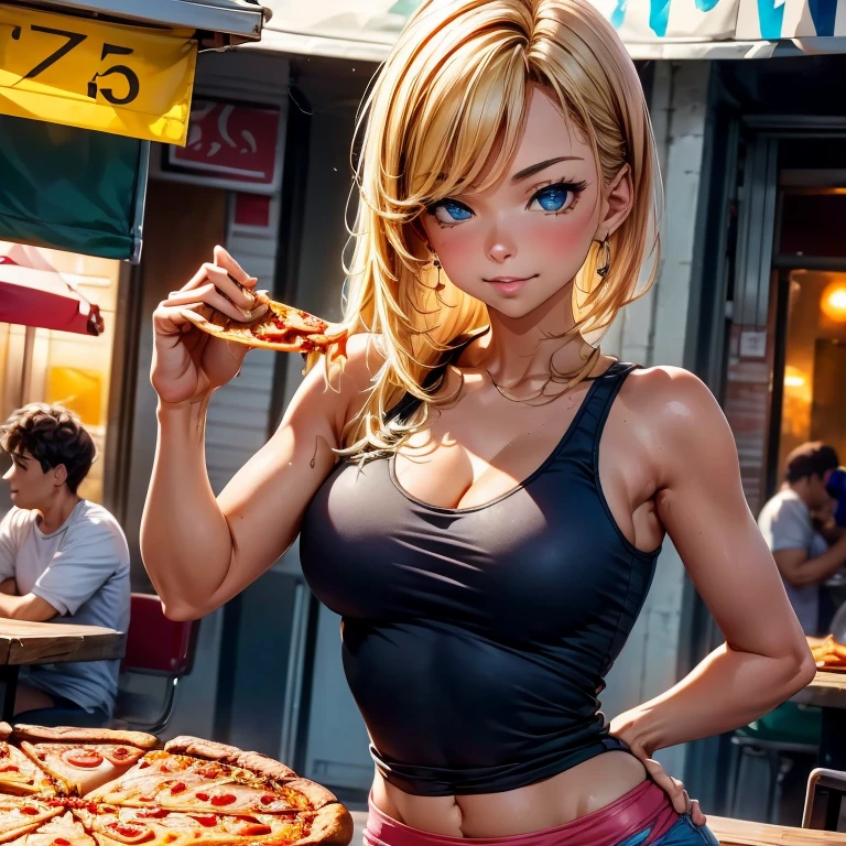 Woman in a tight tank top and tight hot pants eating pizza at an Italian food stall highest quality