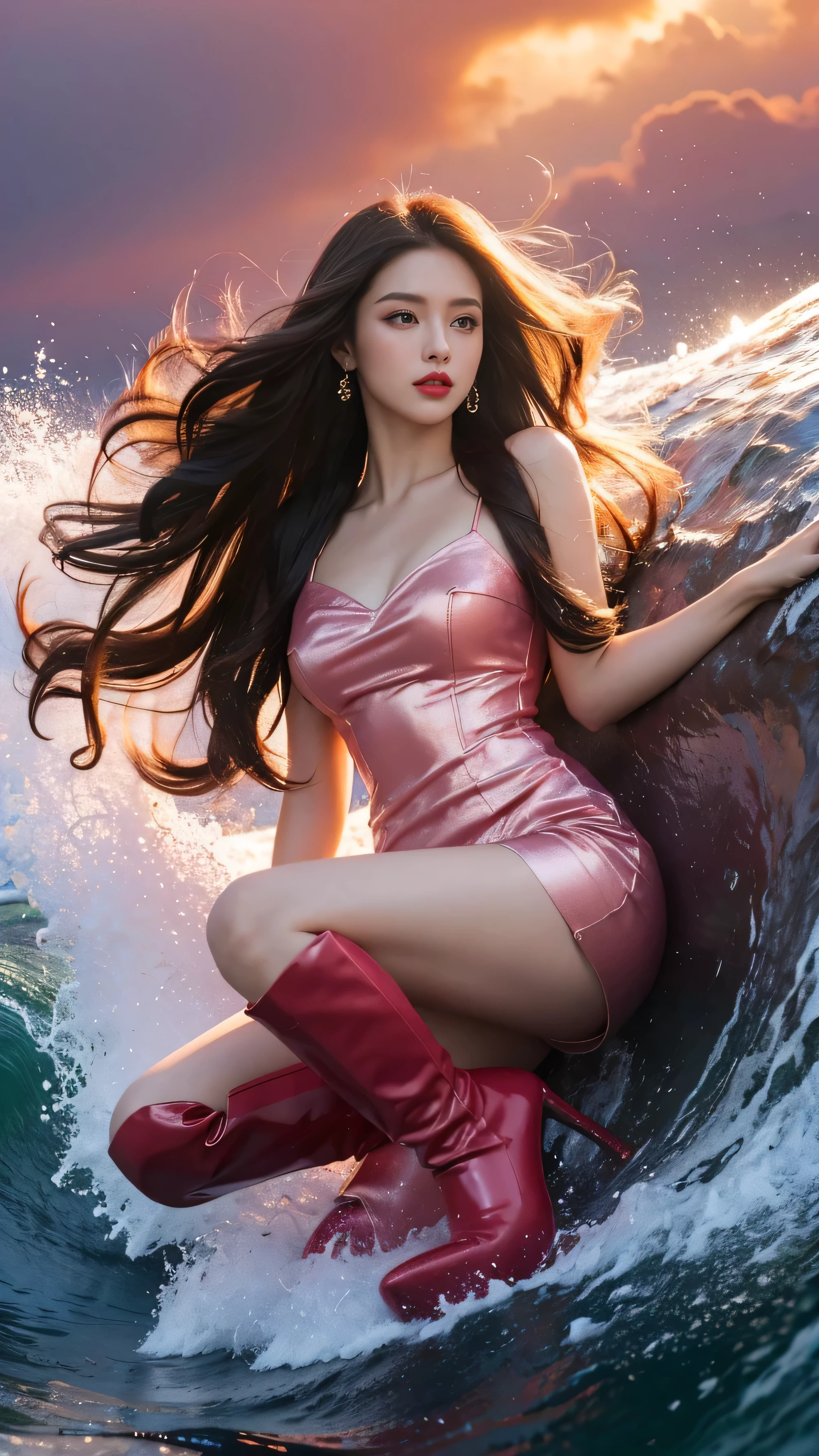 highest quality,masterpiece,Ultra-high resolution,(Actual:1.4),Original photo,Ultra-high resolution,8k,There are women,Fair skin,Exquisite makeup,Big waves of red lips,pink Dress,pink boots,Long legs,Bright and beautiful、Long straight hair_Hair reaching down to the waist