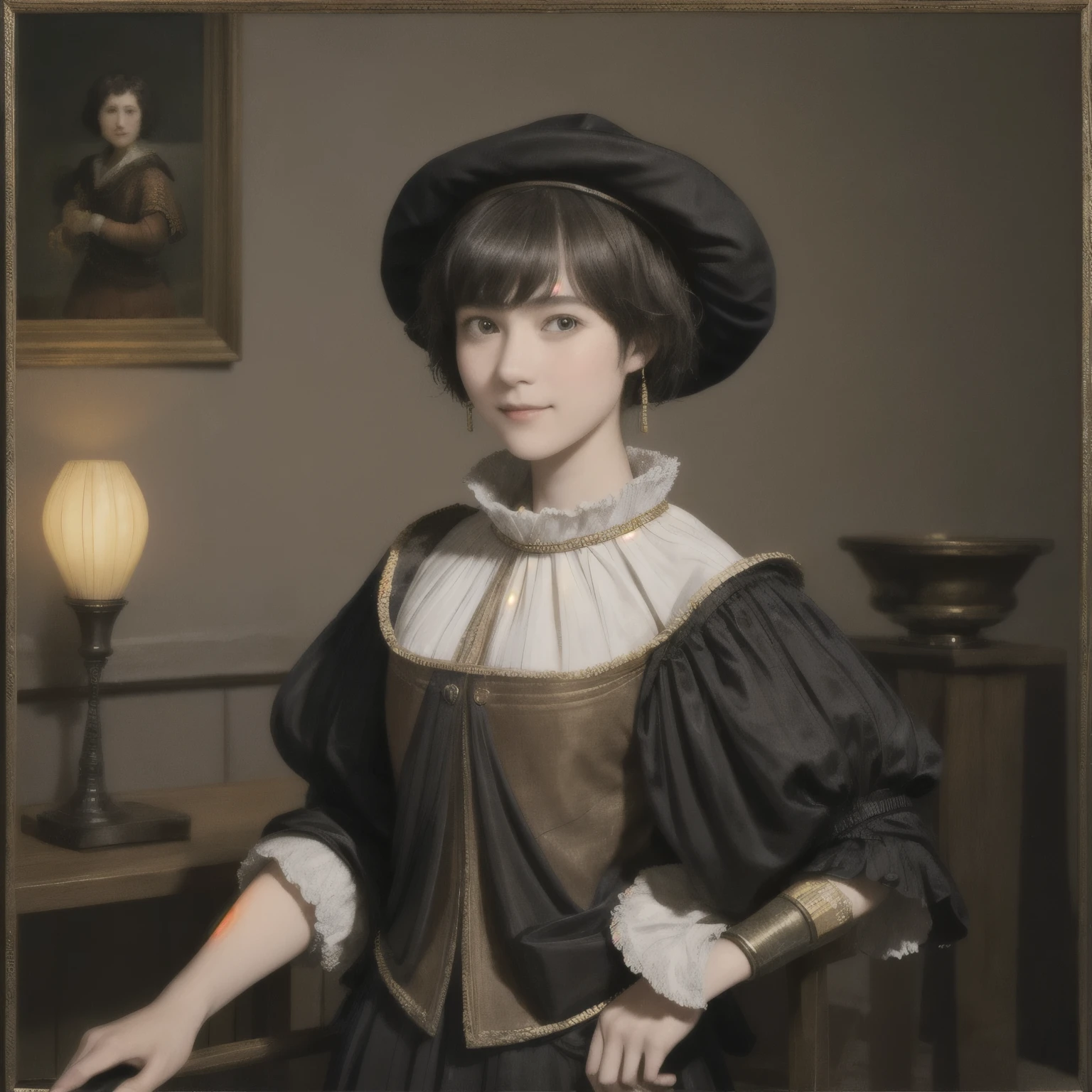 221 Short Hair, 20-year-old woman, A kind smile, (Luxurious stables), (Rembrandt-style painting), (Focus on the face, Written boundary depth)