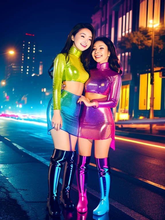 Tabletop,Surreal,32k,Highly detailed CG Unity 8k wallpaper, highest quality,2 women, Embrace each other,Rainbow Color Latex Cheongsam,Colorful Slime Clothes,Deep turtleneck,Rainbow Slime Long Skirt,Black bob hair,Silver wave hair,(Over the knee boots:1.2),Cowboy Shot, street, Country street, (Film Grain:1.2), (Film Overlay:1.3), night,smile,Open your mouth,Details in the mouth,party,Like the whole body