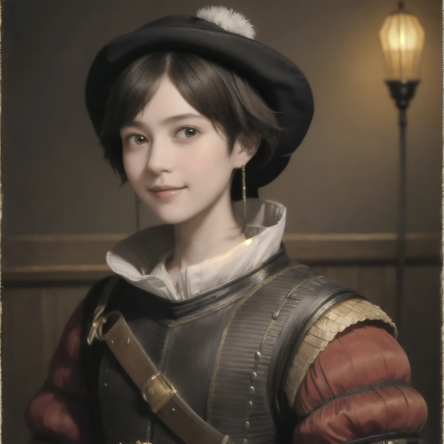 221 Short Hair, 20-year-old woman, A kind smile, (Luxurious stables), (Rembrandt-style painting), (Focus on the face, Written boundary depth)