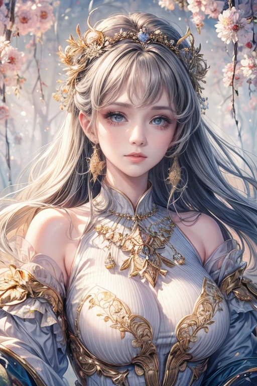 (best quality,8K,CG),detailed upper body, girl,floral forest background,complex facial features,elegant long curly hair,almond-shaped big eyes,detailed eye makeup,long eyelashes,twinkling stars,exquisite lip details,soft and harmonious style.
