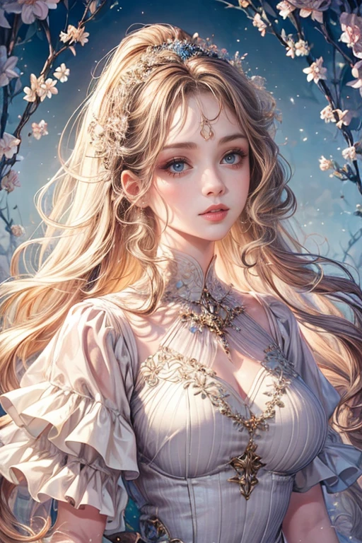 (best quality,8K,CG),detailed upper body, girl,floral forest background,complex facial features,elegant long curly hair,almond-shaped big eyes,detailed eye makeup,long eyelashes,twinkling stars,exquisite lip details,soft and harmonious style.