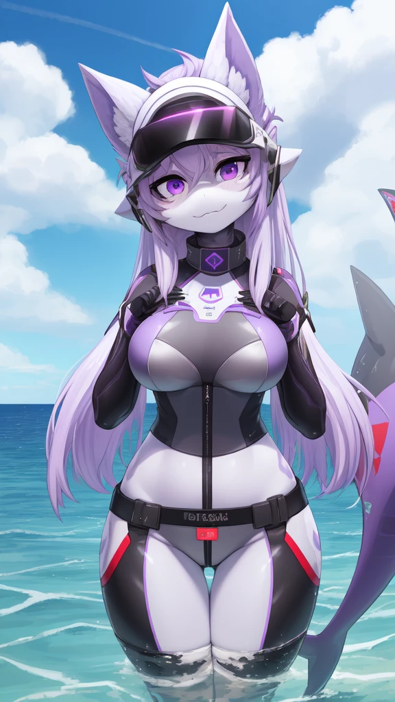 ((best quality, Masterpiece, perfect anatomy, Detailed pictures)), 1 female, arctic protogen, shark girl, Long visor, purple visor, purple eyes, sexy body, Big Pong, Bust 82, Waist 56, Thigh 83, Future military clothing, Shark tail, red red, shy, in the sea, front view