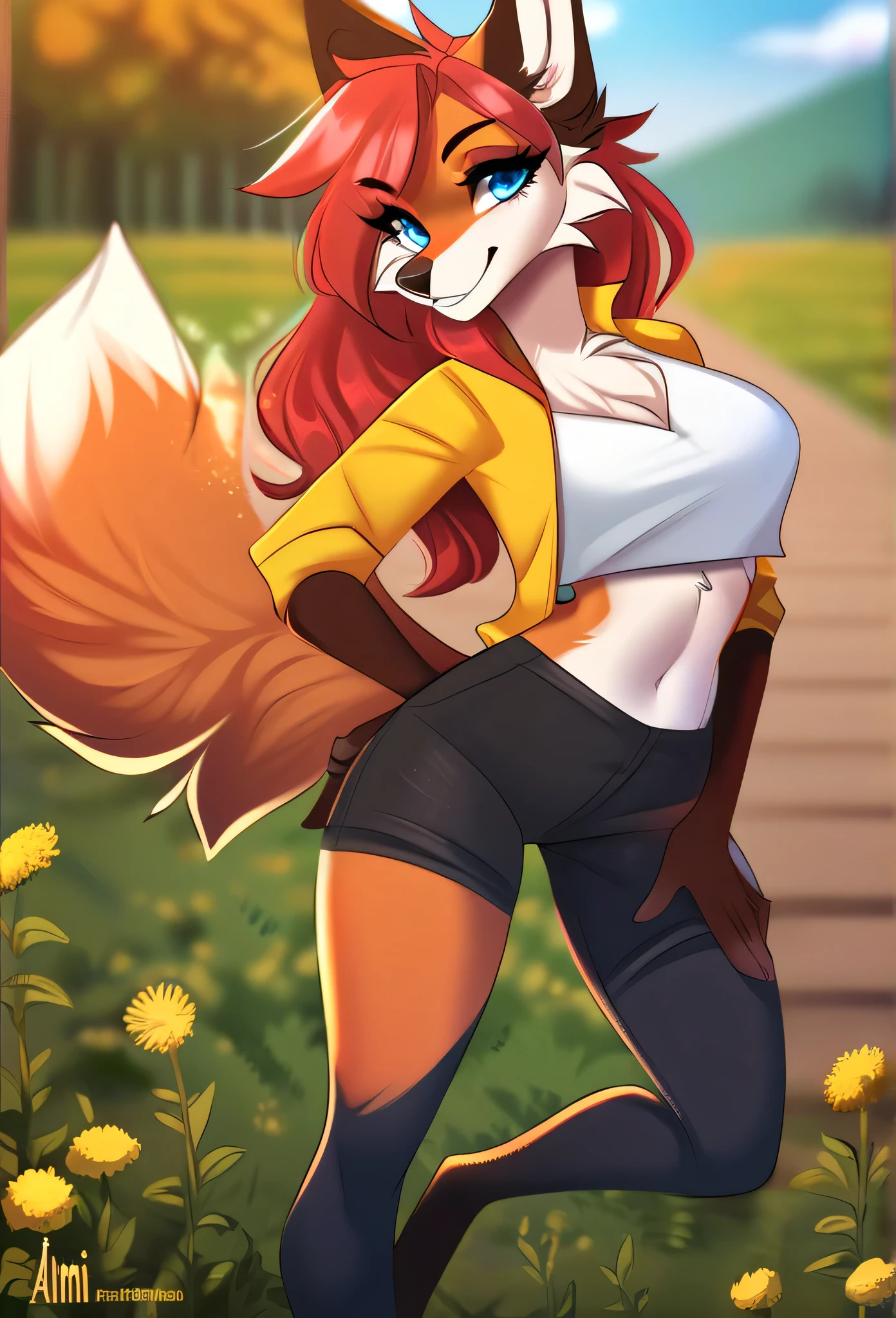 furry female, red fox, mammal, aimi, a beautiful furry fox girl is standing in contraposto pose in the park, she looks at viewer and smiles, she wears white shirt, yellow jacket and black pants, the background is blurry, field of view, sky, day, beautiful blue eyes, award winning illustration|trending on artstation, correct anatomy|perfect face|expressive eyes, masterpiece|highly detailed|best quality|hd|8k|uhd|intricate details|extreme_detail