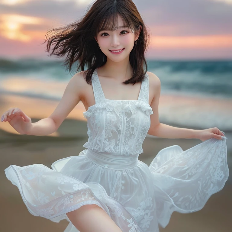 Photo-realistic quality、A woman in her 50s running on the beach in a white dress, Young and cute gravure idol, Japanese Model, Cute smile, Cute Core, Young Gravure Idol, realistic Young Gravure Idol,cute beautiful、looking at the camera、Detailed and beautiful eyes、soft and gentle expression、Anatomically correct hand、Thin fingers、Quite small hands