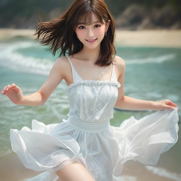 Photo-realistic quality、A woman in her 50s running on the beach in a white dress, Young and cute gravure idol, Japanese Model, Cute smile, Cute Core, Young Gravure Idol, realistic Young Gravure Idol,cute beautiful、looking at the camera、Detailed and beautiful eyes、soft and gentle expression、Anatomically correct hand、Thin fingers、Quite small hands