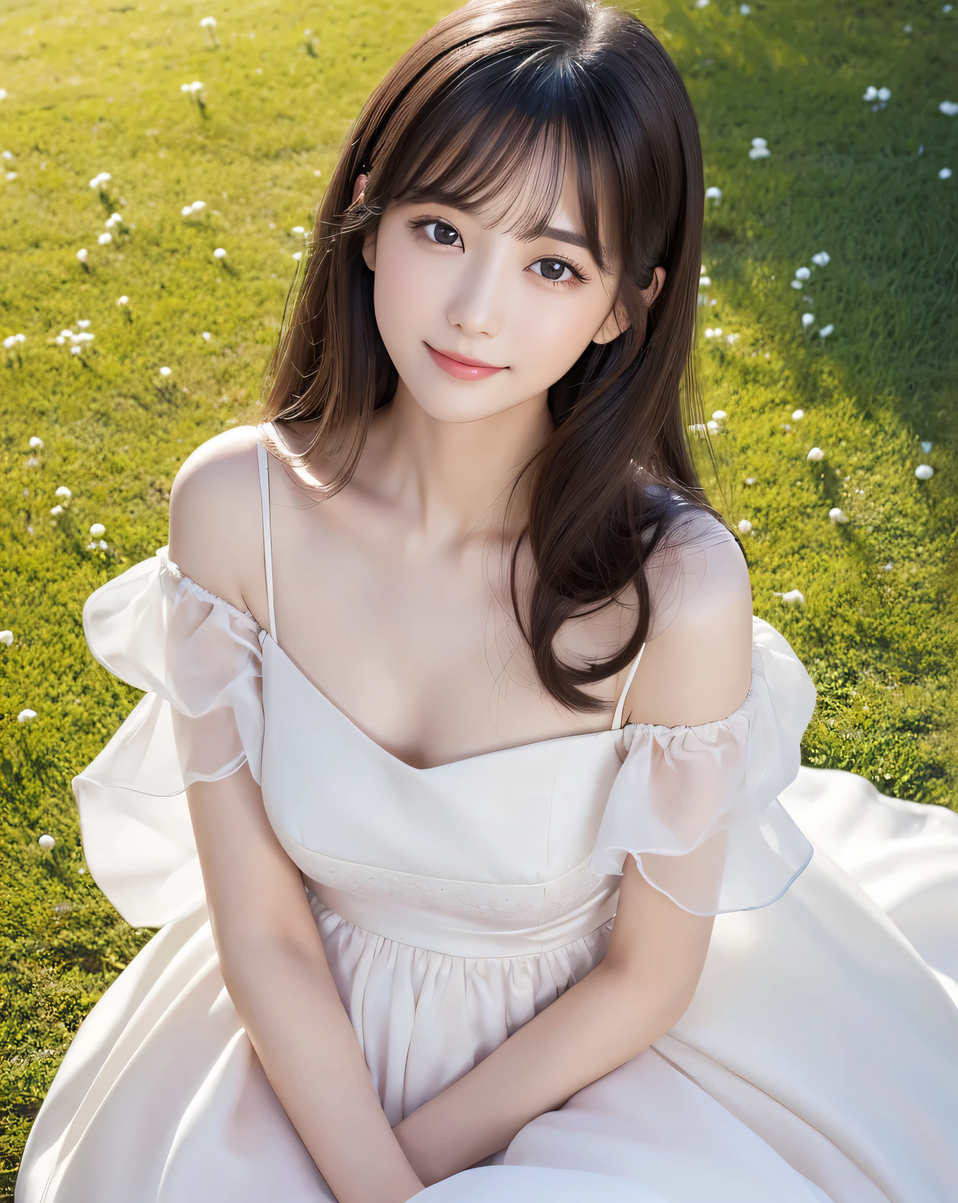 (highest quality, 32k, High resolution, Masterpiece:1.5), Memorable photographs in an abstract style, Beautiful Japanese Girl, An exceptionally beautiful face, Full body shot, Perfect Human Anatomy, Shiny black hair, Beautiful super long straight silk hair, long bangs with asymmetry, Hair between the eyes, Magical big eyes, Beautifully trimmed thin eyebrows, Smooth and soft white skin, Pale pink lips, Natural Makeup, Small Face Beauty, A look full of motherhood and love, ((A gentle smile)), ((Pearl white princess dress)), Perfect collarbone, Beautiful chest in high resolution, Slender body and big bust, High resolutionの美しい太もも, Beautiful feet, ((On the hill in spring)), Sitting on a green meadow, ((Ridiculous absolute territory)), Warm sunshine, blue sky, White cloud, Professional Lighting, Professional Photographer, Professional models