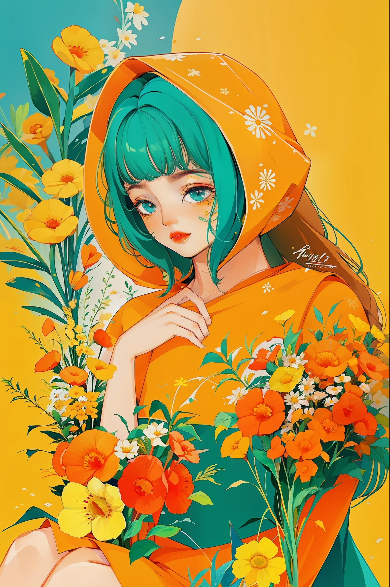 yxycolor,melhor qualidade, obra de arte, extremamente detalhado, fundo detalhado, flor, Sozinho, peixe, beta, yellow flor, orange flor, corar, green fita, babados, franja, white flor, Litter, jardim,fish 
