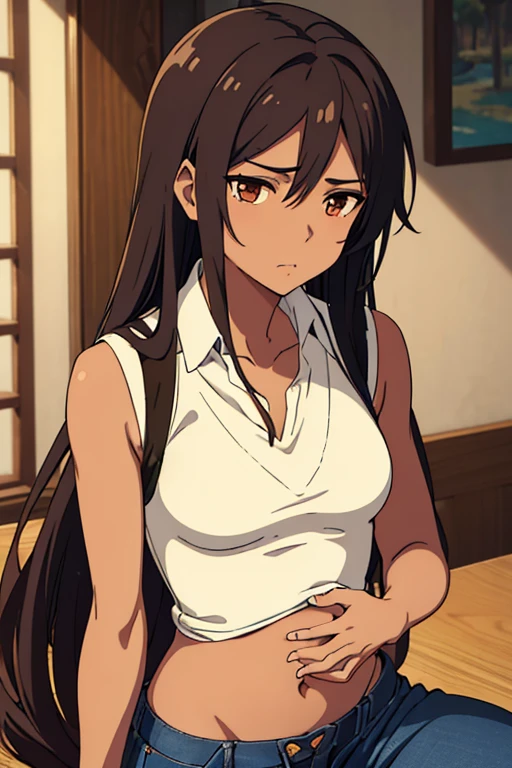 ((best quality)), ((masterpiece)), (detailed), perfect face, brown skin anime girl in a deep V Neck collared top (sleeveless), (jeans trousers), famished in hunger, (gently resting hands on stomach), (long hair), (hands on her stomach)