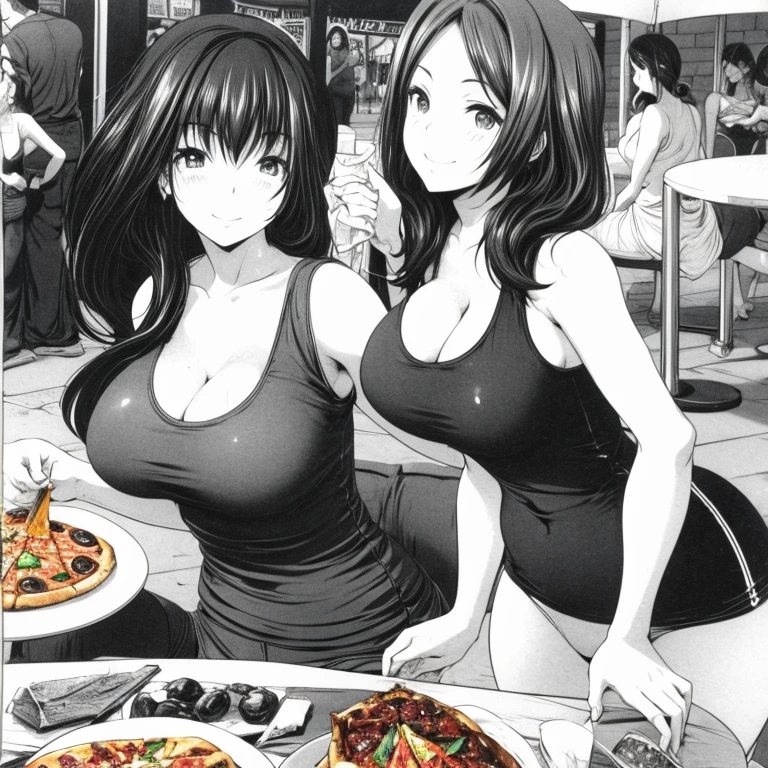 Woman in a tight tank top and tight hot pants eating pizza at an Italian food stall　highest quality　