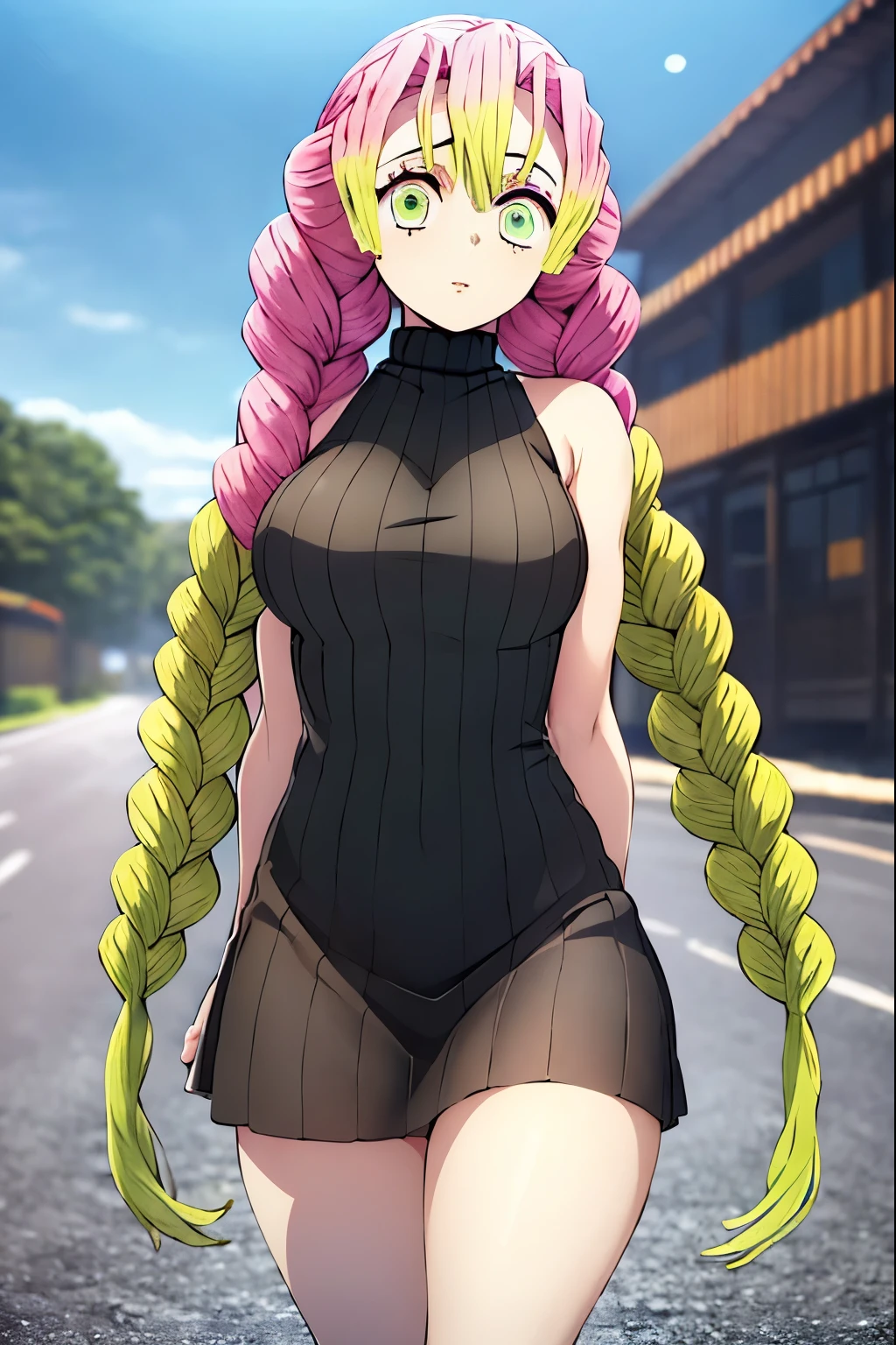 1girl, alone, mitsuri kanroji,masterpiece, best quality, highres, aamitsuri, long hair, braid, multicolored hair, green eyes, mole under eye, large breasts, sweater dress, ribbed sweater, virgin killer sweater, turtleneck, sleeveless, bare arms, outdoors, standing, night, street, perfect hands, perfect anatomy 