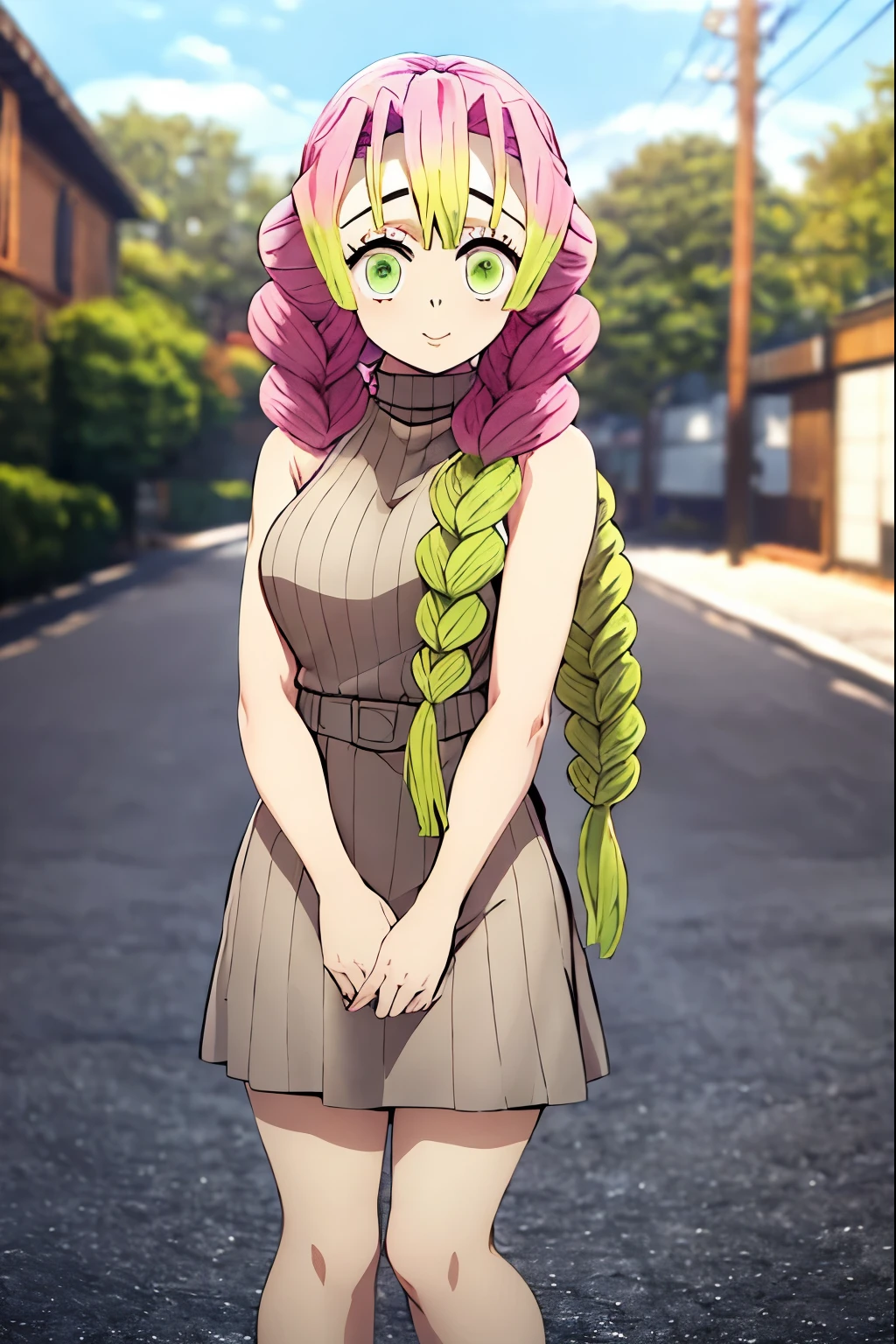 1girl, alone, mitsuri kanroji,masterpiece, best quality, highres, aamitsuri, long hair, braid, multicolored hair, green eyes, mole under eye, large breasts, sweater dress, ribbed sweater, virgin killer sweater, turtleneck, sleeveless, bare arms, outdoors, standing, night, street, perfect hands, perfect anatomy 