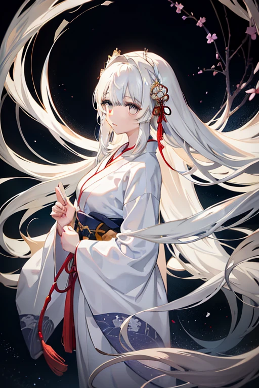 Anime drawing: Japanese woman with expressionless white eyes, her long white hair cascading down her back, clad in a large white yukata. She stands in the midst of a vast dark forest, an aura of magic enveloping the scene in third person view. The artwork is presented in high definition with intricate details, showcasing the detailed hair and clothes textures. The woman's yukata and hair glisten under the ethereal forest lighting, creating an enchanting atmosphere.