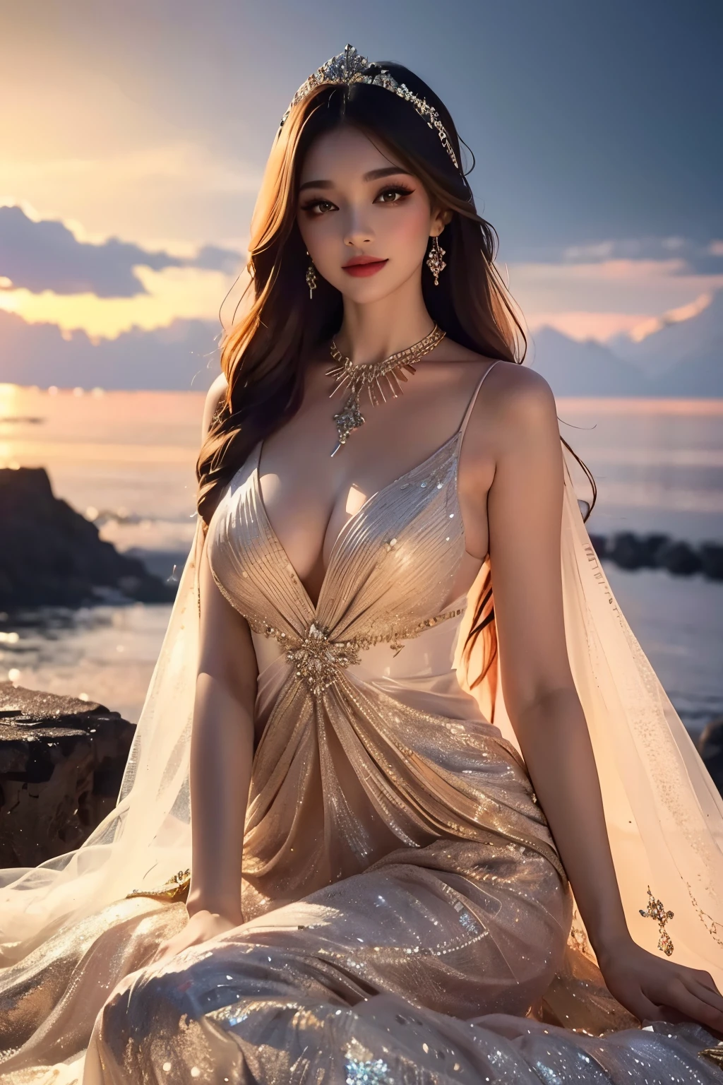 4K Ultra HD, Masterpiece, Cute  s, Nice face, Detailed Eyes, Liquid Lipstick, Long hair, Hair spreading, necklaces, beautiful dress, long dress, Wedding dresses, Orange color, highlights, lighting effects, glittering, realistic background, Natural background, blossom, sunlights, mountains, Full-body capture,