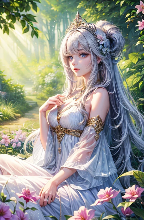(best quality,4k,highres,masterpiece:1.2),ultra-detailed,realistic,hair:long white,eyes:purple,personification,unicorn,girl,beautiful detailed eyes,detailed lips,feminine,soft expression,fair skin,purple irises,horn,flowing mane,angelic appearance,ethereal,white dress,sparkling crystals,enchanting garden scene,lush greenery,colorful flowers,sunlight filtering through trees,soft bokeh effect,majestic presence,magical atmosphere