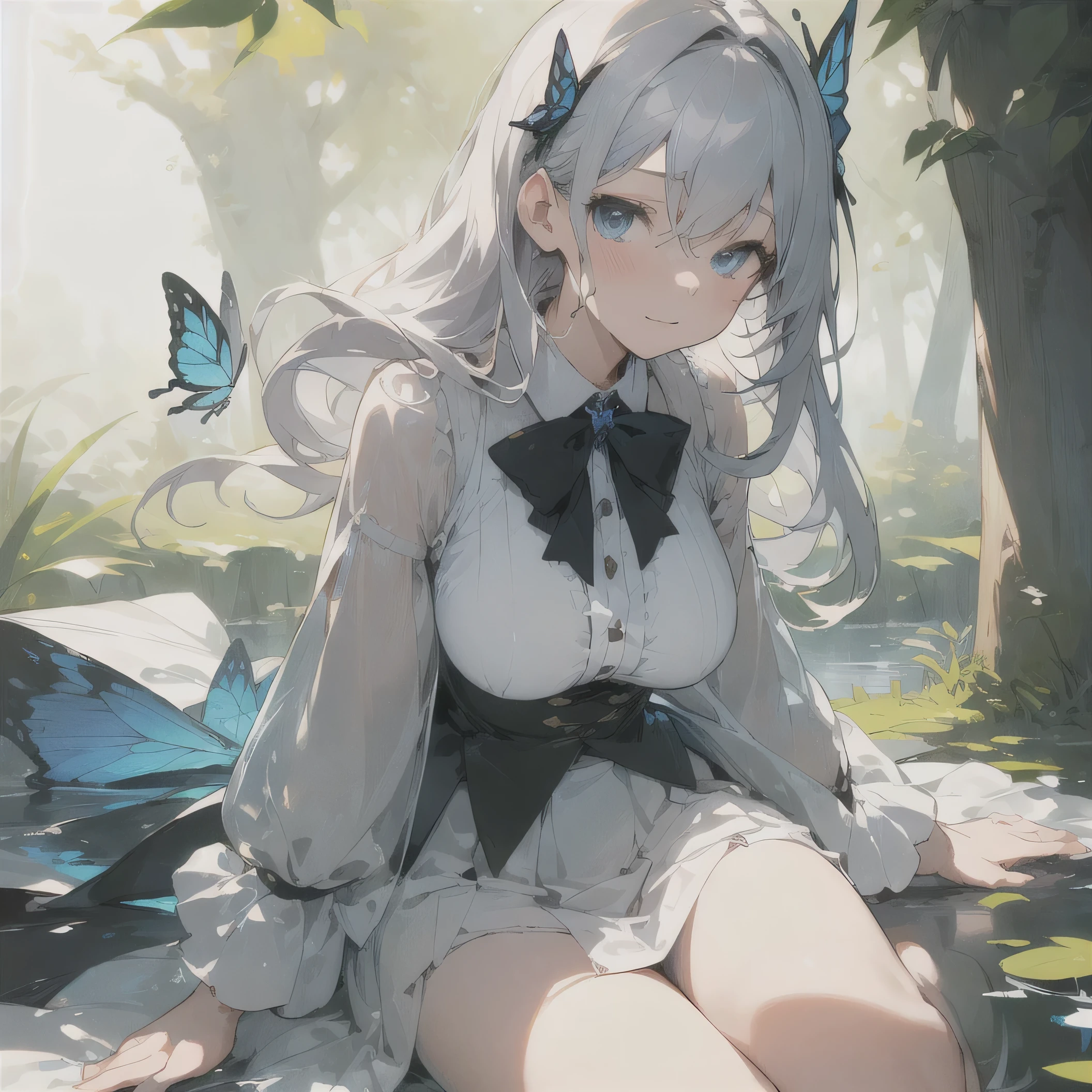((masterpiece)), expressionless, (((best quality))), ((illustration)), 1girl, ((solo)), (detailed face), (beautiful detailed eyes), light eyes, blue eyes, ((disheveled hair)), silver hair, full body, smile, blank stare, sitting, ((looking to the side)), bow tie hair band, white transparent long skirt, noble, mysterious, big breasts bright background, in forest, nature, sunshines through the leaves, butterfly, river, close-up, thighs slightly open, ((teasing))