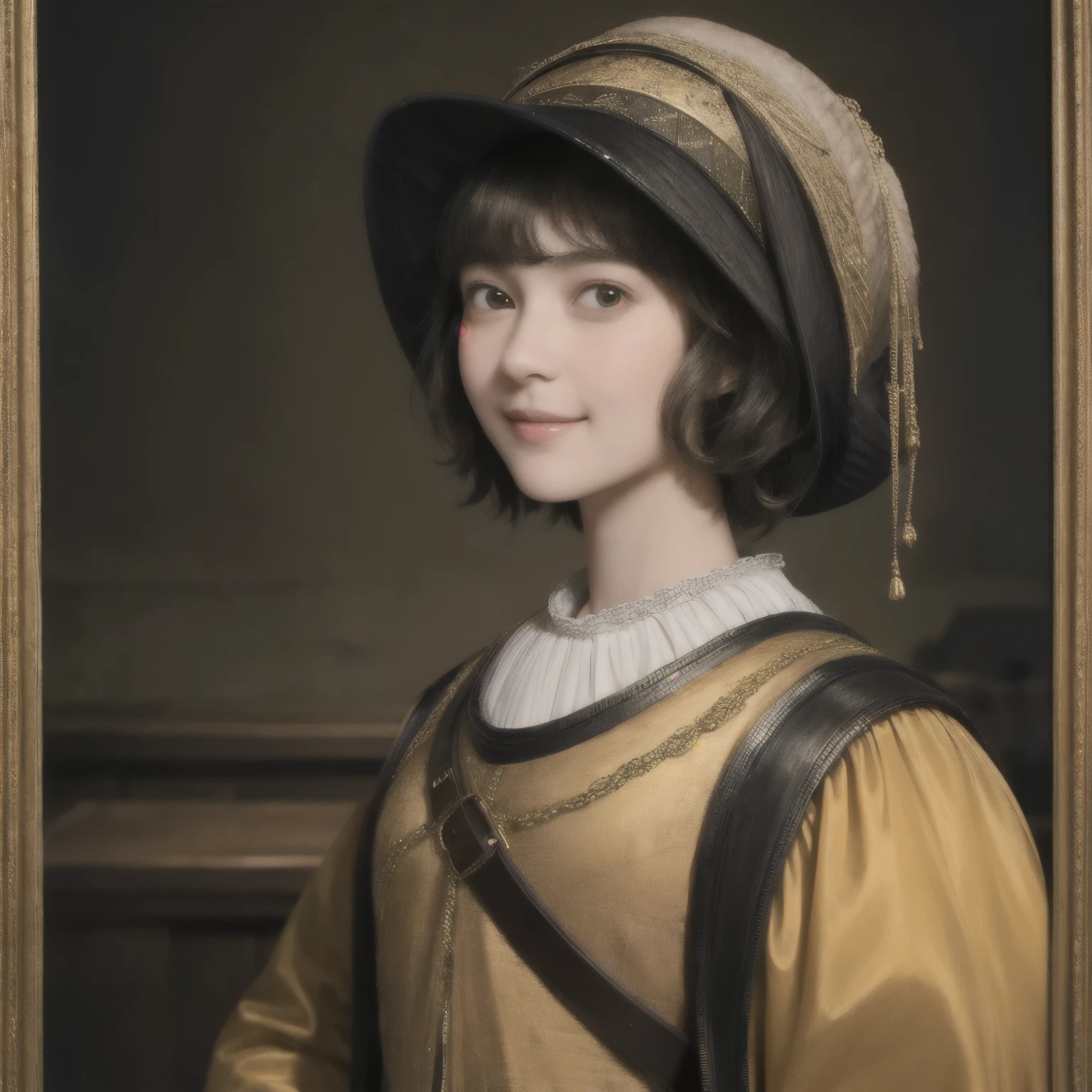 221 Short Hair, 20-year-old woman, A kind smile, (Luxurious stables), (Rembrandt-style painting), (Focus on the face, Written boundary depth)
