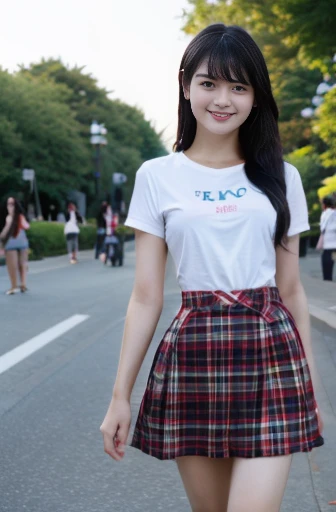 Tabletop, (highest quality),(masterpiece) Realistic,Realistic Ultra-detailed, finely, High resolution, 8K Wallpaper,Anatomically correct body, One cute woman,Japanese,,,smile,(Black Hair:1.3),(Straight long hair:1.4),(Are thin:1.3),T-Shirts,(Tartan Skirt:1.4),Summer sunshine,Park during the day,Pulling up hair with his right hand,Clear skies,basking in the sun,