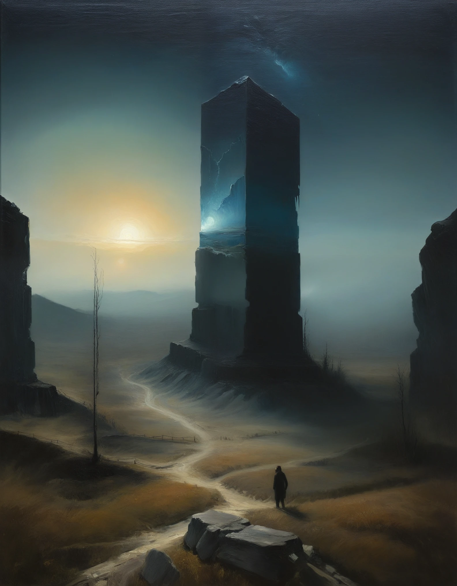 Luminous oil painting style，mystery book cover art, suspenseful, shadowy, atmospheric, dark colors "visualize a desolate expanse where a spectral landscape unfolds from an ambient haze, as if the very fabric of reality has been drained of color and vitality. a crystalline monolith, bereft of any visible pulse or energy, rises from the barren terrain like a shard of forgotten knowledge, casting an eerie glow across the featureless surroundings. the artwork should evoke a sense of disquieting detachment, where the boundaries between nothingness and existential despair blur, leaving the viewer suspended in a state of numb indifference."