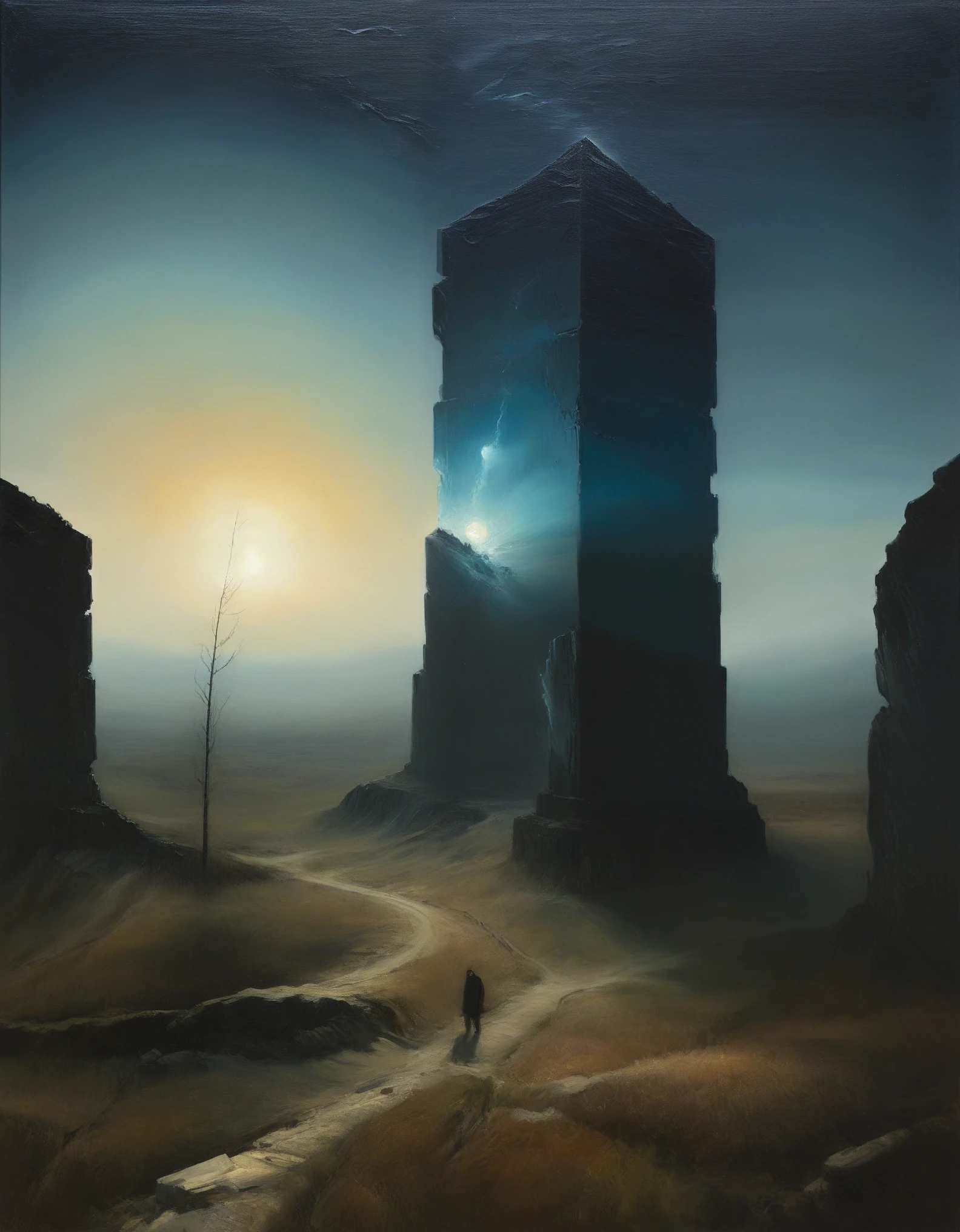 Luminous oil painting style，mystery book cover art, suspenseful, shadowy, atmospheric, dark colors "visualize a desolate expanse where a spectral landscape unfolds from an ambient haze, as if the very fabric of reality has been drained of color and vitality. a crystalline monolith, bereft of any visible pulse or energy, rises from the barren terrain like a shard of forgotten knowledge, casting an eerie glow across the featureless surroundings. the artwork should evoke a sense of disquieting detachment, where the boundaries between nothingness and existential despair blur, leaving the viewer suspended in a state of numb indifference."