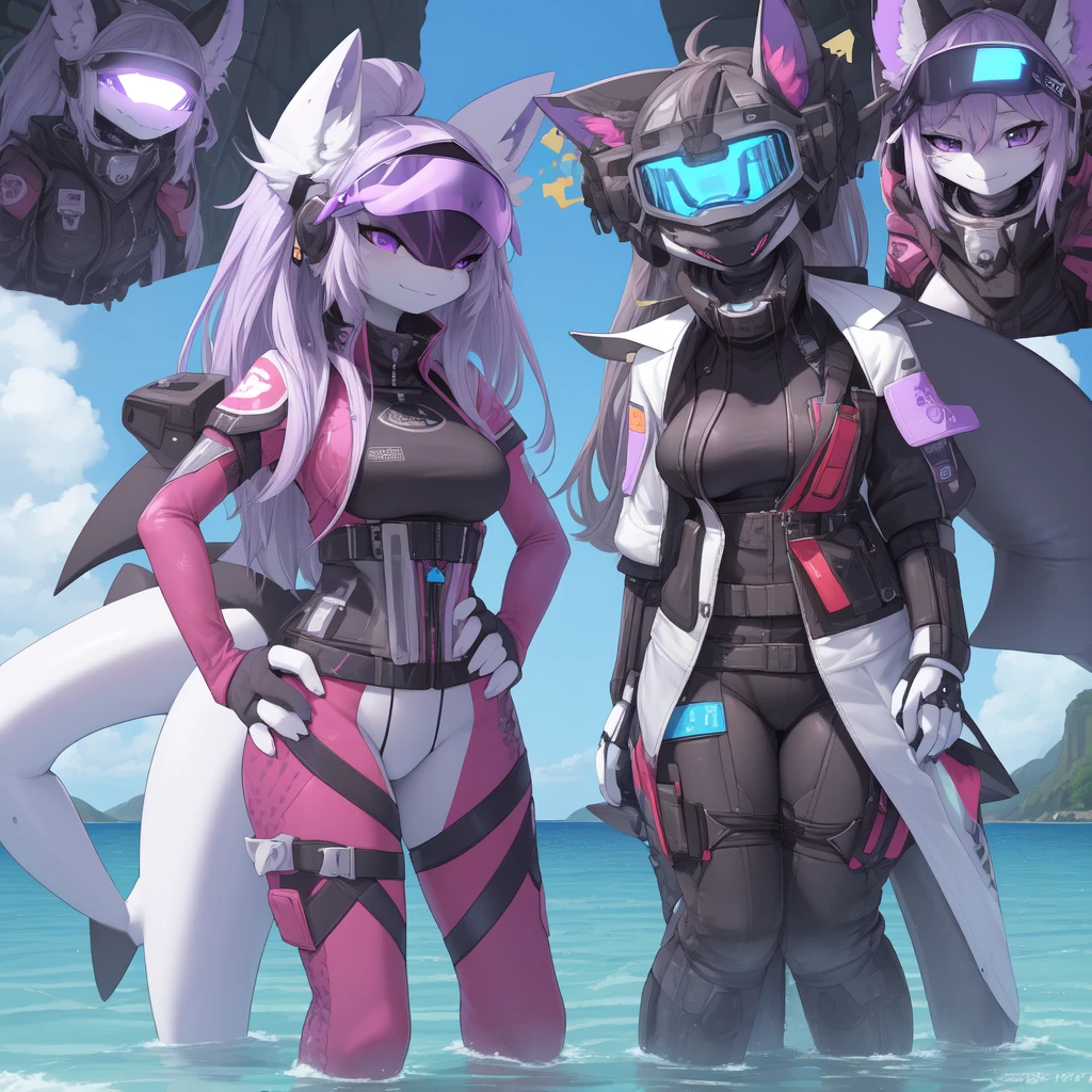 ((best quality, Masterpiece, perfect anatomy, Detailed pictures)), 1 female, arctic protogen, shark girl, Long visor, purple visor, purple eyes, sexy body, Big Pong, Bust 82, Waist 56, Thigh 83, Future military clothing, Shark tail, red red, shy, in the sea, front view