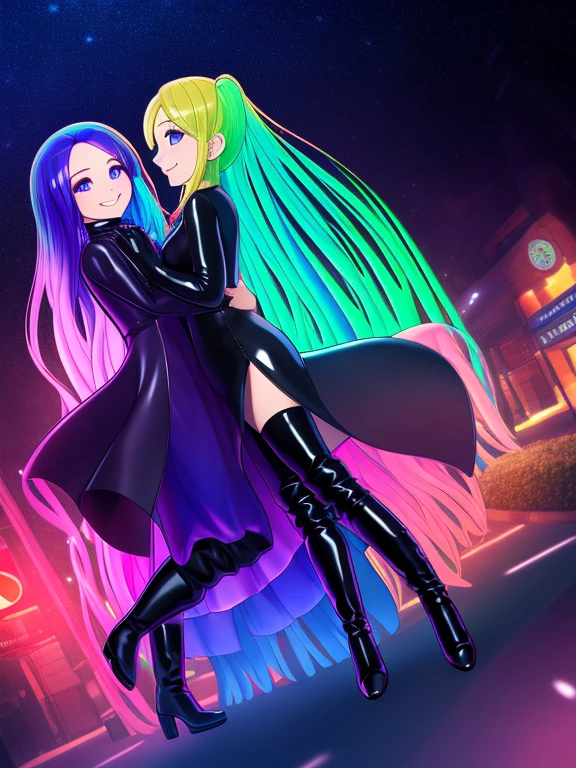 Tabletop,Surreal,32k,Highly detailed CG Unity 8k wallpaper, highest quality,2 women, Embrace each other,Rainbow Color Latex Cheongsam,Colorful Slime Clothes,Deep turtleneck,Rainbow Slime Long Skirt,Black bob hair,Silver wave hair,(Over the knee boots:1.2),Cowboy Shot, street, Country street, (Film Grain:1.2), (Film Overlay:1.3), night,smile,Open your mouth,Details in the mouth,party,Like the whole body