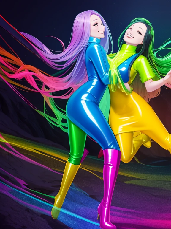 Tabletop,Surreal,32k,Highly detailed CG Unity 8k wallpaper, highest quality,2 women, Embrace each other,Rainbow Color Latex Cheongsam,Colorful Slime Clothes,Deep turtleneck,Rainbow Slime Long Skirt,Black bob hair,Silver wave hair,(Over the knee boots:1.2),Cowboy Shot, street, Country street, (Film Grain:1.2), (Film Overlay:1.3), night,smile,Open your mouth,Details in the mouth,party,Like the whole body