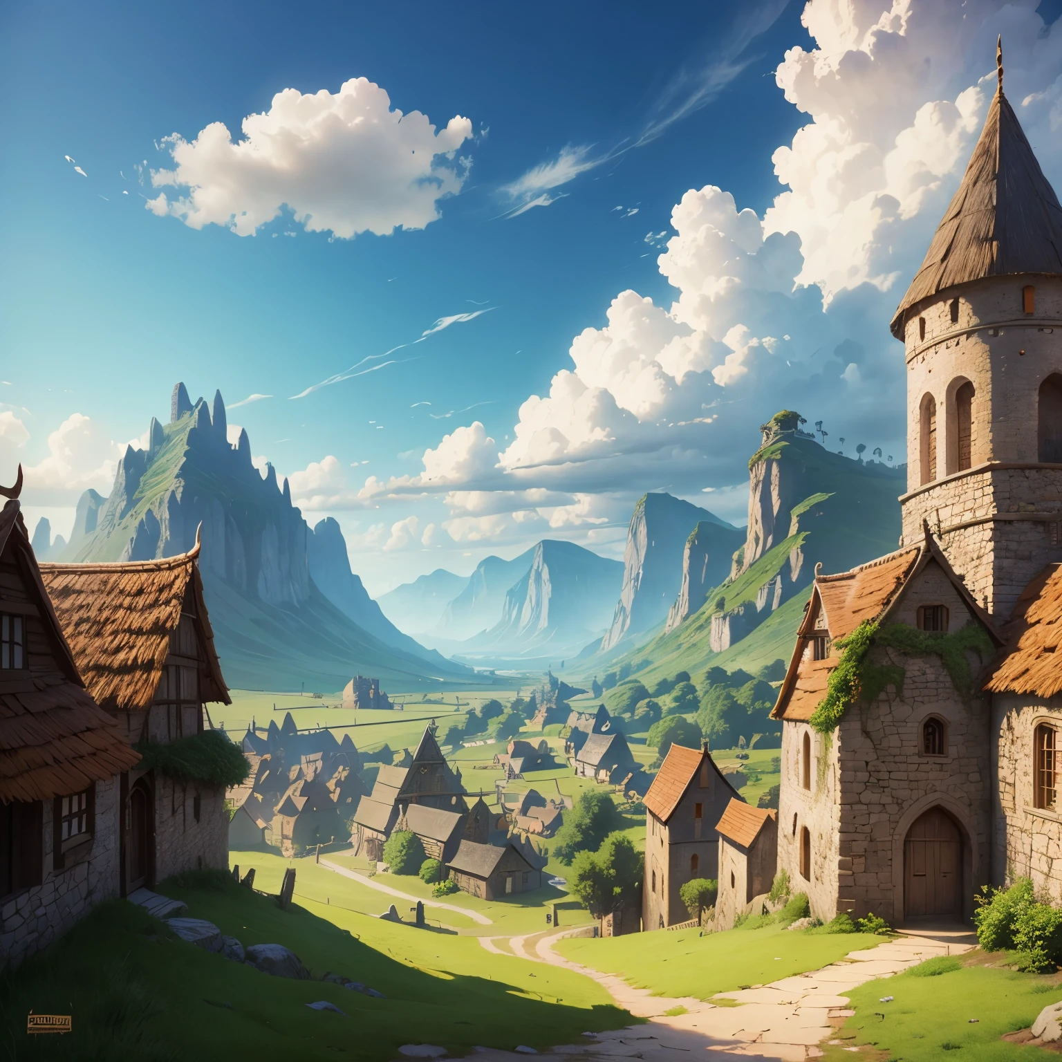 village, fantasy, dungeons and dragons, sunny weather, clouds, landscape