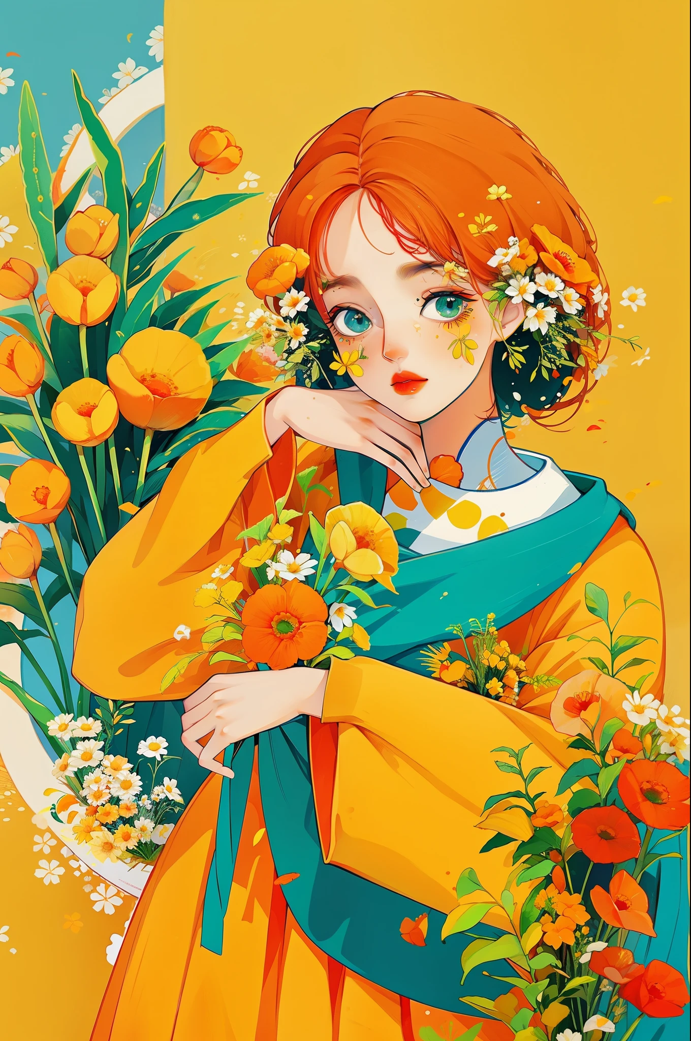 yxycolor,melhor qualidade, obra de arte, extremamente detalhado, fundo detalhado, flor, Sozinho, peixe, beta, yellow flor, orange flor, corar, green fita, babados, franja, white flor, Litter, jardim,fish
