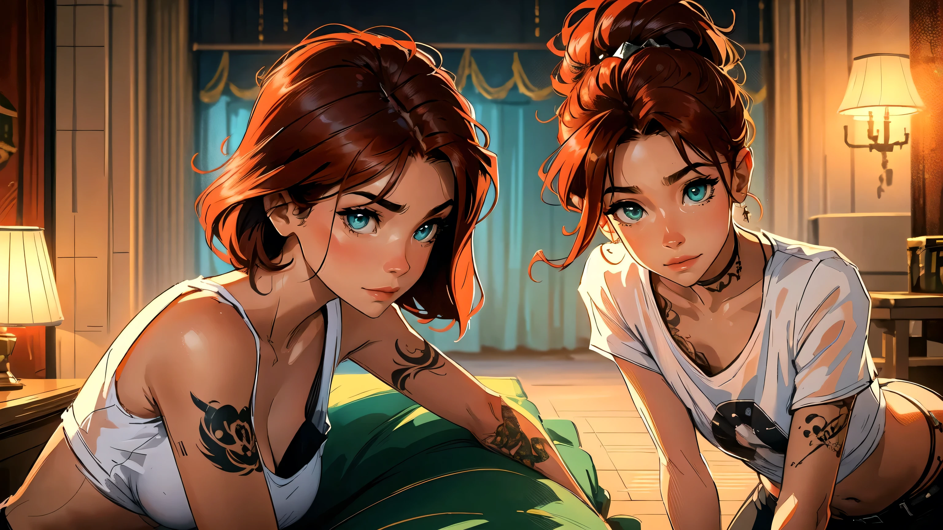 high resolution, Soft light,1womanl, Solo, Hips up, (Detailed face),tattoo, jewelry, t-shirt with rough chest, Beautiful soldiers, Grab the audience's eye, Lover's perspective, Invitation expression, Sexy smile, Perfect style, Perfect balance, Detailed skin, mischievous gaze, chest visible,red hair ,green eyes