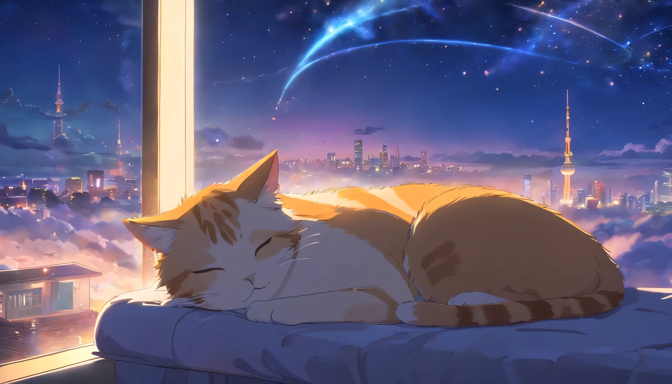 Beautiful and cute cat、Relaxing and sleeping in the clouds、The cat lies down、the tail is curled。elements in dreams, Like a floating bird。Very beautiful night view、Let me experience the world in my dreams。The cat is sleeping happily、The starry sky is shining brightly。