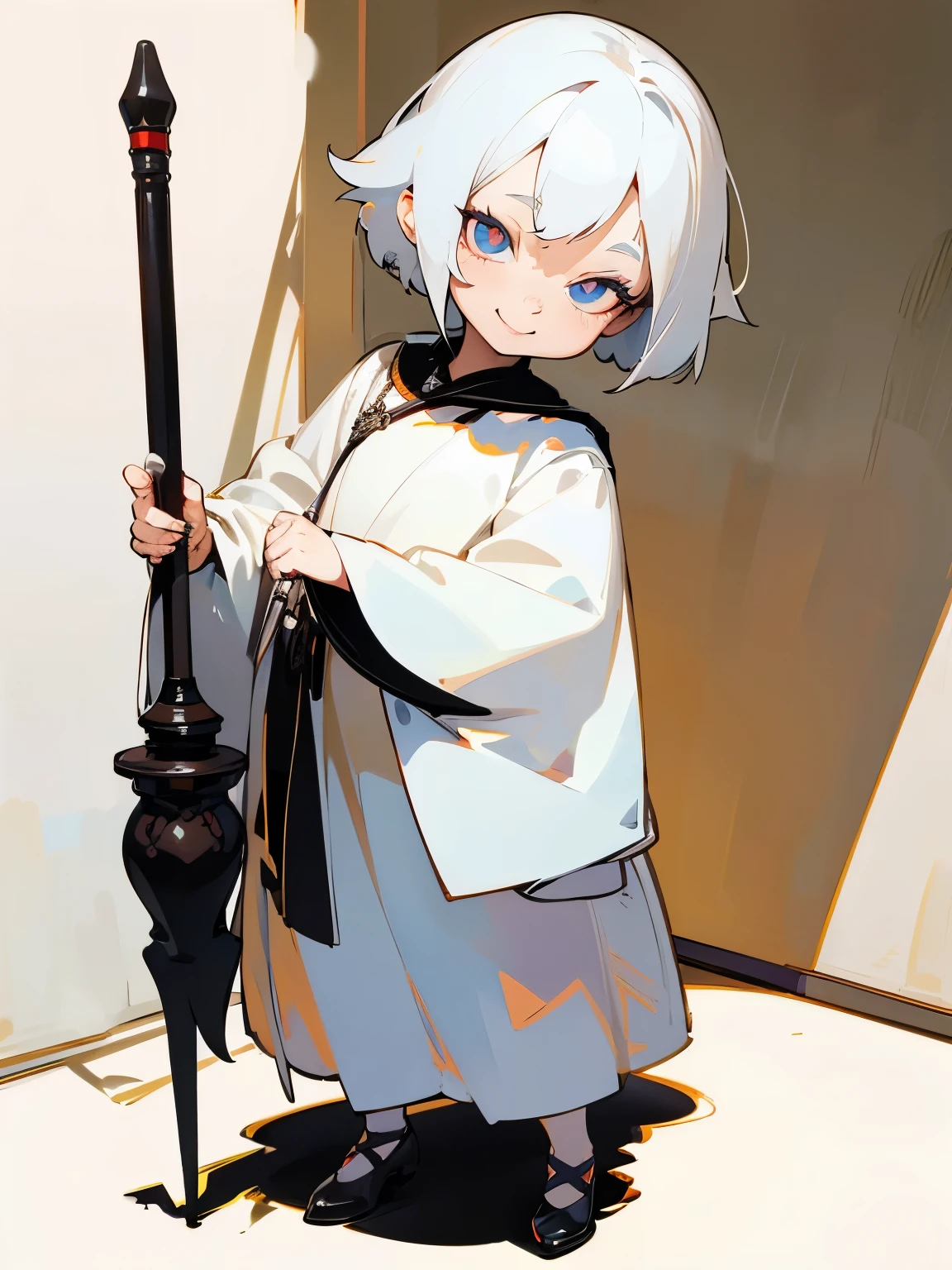 oldwoman, 80 years old, full body, cartoon style, chibi style, use a cane, smile, beautiful eye, high detailed pupil, double eyeylid, high detailed skin, high quality skin, white color hair, very short hair, white clothes, professional lighting, real shadow, masterpiece,