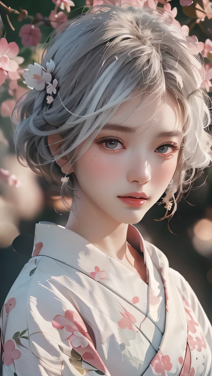 ((Hairstyled white hair:1.5))(Japan kimono with cherry blossom pattern:1.3), Symmetric, (highest quality, Photorealistic:1.4, Raw photo:1.2, Cinematic light, Highly detailed illustration), (1woman:1.3, alone), (Asian Girl, Very delicate face, Super beautiful face, Very delicate eyes, Ultra detailed nose, Very sophisticated mouth, Highly detailed facial features), woman, (Medium Bust:1.3), skin, Lip gloss, Laughter, Full Body View, High resolution, High resolution, 8k, Masterpiece 2:1, Skin Radiance, Glowing Skin, Young girl, Falling cherry blossoms、off shoulder, shoulder blades、kimono

