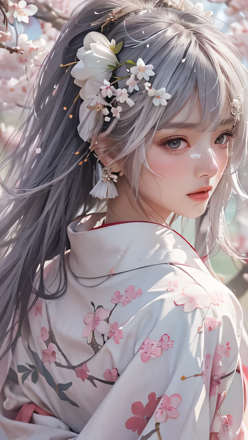 ((Hairstyled white hair:1.5))(Japan kimono with cherry blossom pattern:1.3), Symmetric, (highest quality, Photorealistic:1.4, Raw photo:1.2, Cinematic light, Highly detailed illustration), (1woman:1.3, alone), (Asian Girl, Very delicate face, Super beautiful face, Very delicate eyes, Ultra detailed nose, Very sophisticated mouth, Highly detailed facial features), woman, (Medium Bust:1.3), skin, Lip gloss, Laughter, Full Body View, High resolution, High resolution, 8k, Masterpiece 2:1, Skin Radiance, Glowing Skin, Young girl, Falling cherry blossoms、off shoulder, shoulder blades、kimono
