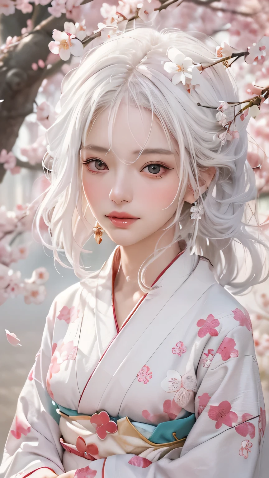 ((Hairstyled white hair:1.5))(Japan kimono with cherry blossom pattern:1.3), Symmetric, (highest quality, Photorealistic:1.4, Raw photo:1.2, Cinematic light, Highly detailed illustration), (1woman:1.3, alone), (Asian Girl, Very delicate face, Super beautiful face, Very delicate eyes, Ultra detailed nose, Very sophisticated mouth, Highly detailed facial features), woman, (Medium Bust:1.3), skin, Lip gloss, Laughter, Full Body View, High resolution, High resolution, 8k, Masterpiece 2:1, Skin Radiance, Glowing Skin, Young girl, Falling cherry blossoms、off shoulder, shoulder blades、kimono
