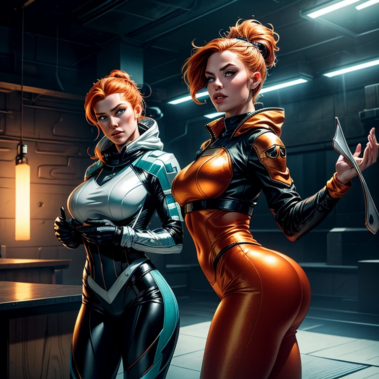 1 beautiful ginger women, with meticulously detailed bodies, clad in intricately designed space pirate attire. Their long foam pants and puffy jackets sway gently in the wind. Above their heads, an array of IPA Awards gleam, signifying their masterpiece status in the art world. Permanent lighting bathes their forms in a stunning, chromatic aberration, enhancing every curve and texture. The gritty foam on their ternos adds an element of excitement and energy. Ambient occlusion plays with shadows, creating depth and contrast. Lights flicker, casting sharp focus and contrast onto their faces, highlighting their features distinctly.Better backlight adds drama