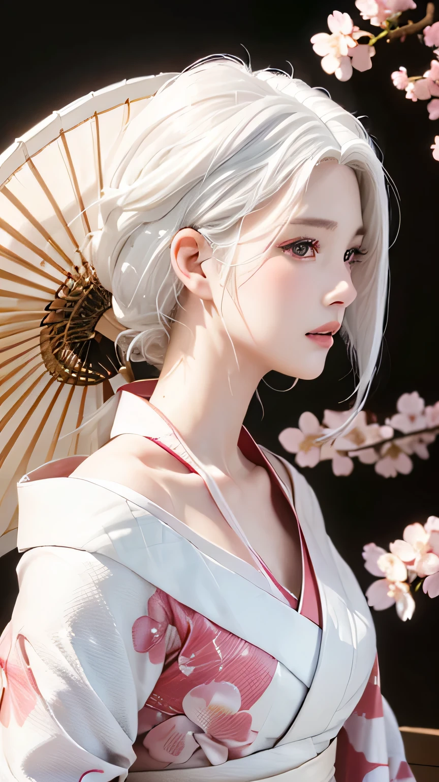 ((Hairstyled white hair:1.5))(Japan kimono with cherry blossom pattern:1.3), Symmetric, (highest quality, Photorealistic:1.4, Raw photo:1.2, Cinematic light, Highly detailed illustration), (1woman:1.3, alone), (Asian Girl, Very delicate face, Super beautiful face, Very delicate eyes, Ultra detailed nose, Very sophisticated mouth, Highly detailed facial features), woman, (Medium Bust:1.3), skin, Lip gloss, Laughter, Full Body View, High resolution, High resolution, 8k, Masterpiece 2:1, Skin Radiance, Glowing Skin, Young girl,（ Kyoto、Falling cherry blossoms）、off shoulder, shoulder blades、kimono
