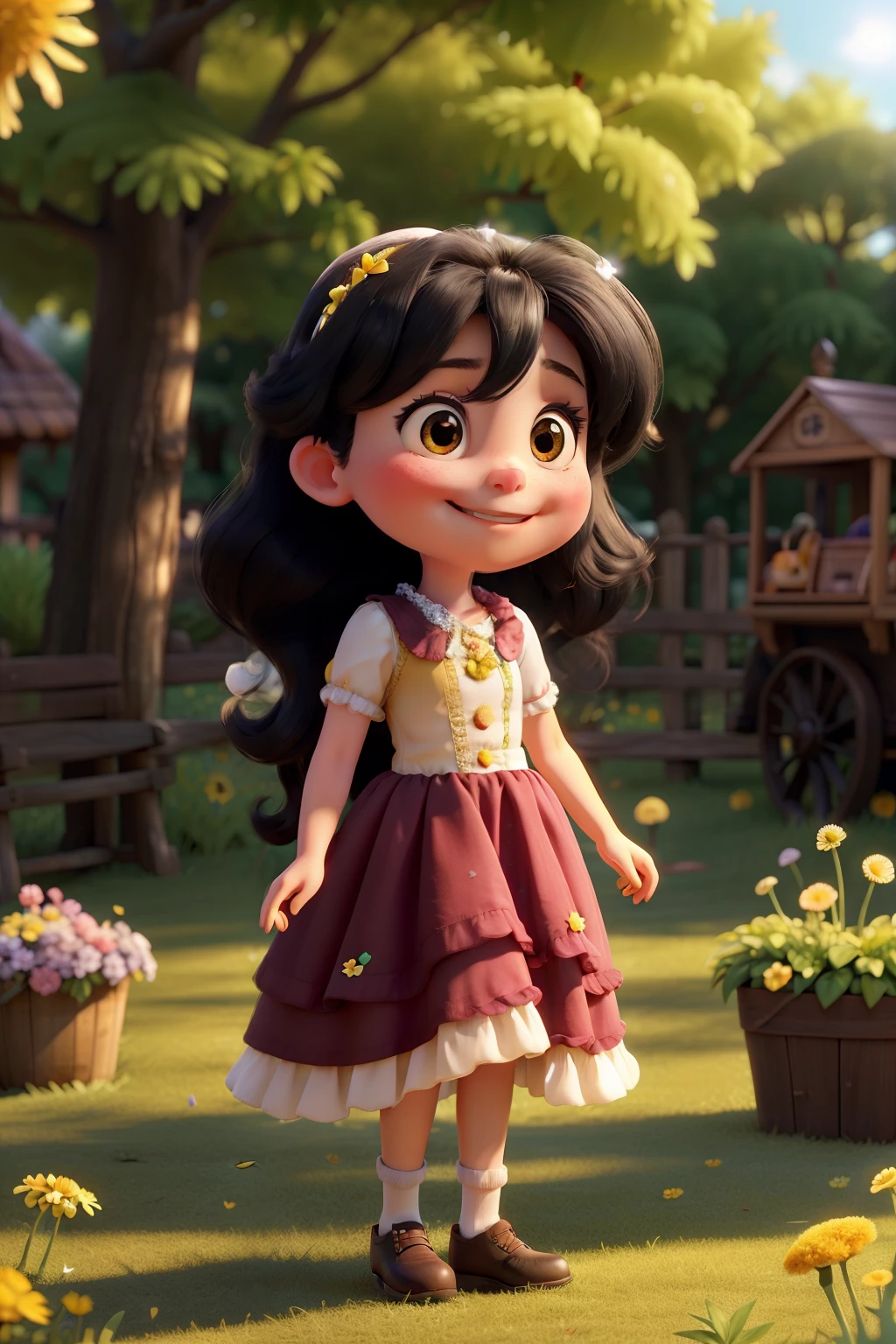 In the enchanting world of cartoons, an adorable young girl named Melody, with long, glossy black hair cascading down her shoulders, stands before a mesmerizing ice cream cart. Her bright, curious eyes are wide with wonder as she gazes at the vibrant assortment of colors and flavors on display. The rainbow-hued scoops seem to twinkle under the gentle sunlight filtering through the canopy above. Melody's pet bunny, hopping beside her, nibbles at a dandelion while waiting patiently for its little friend to make her decision. With a smile as bright as the summer sun and a twinkle in her eyes,