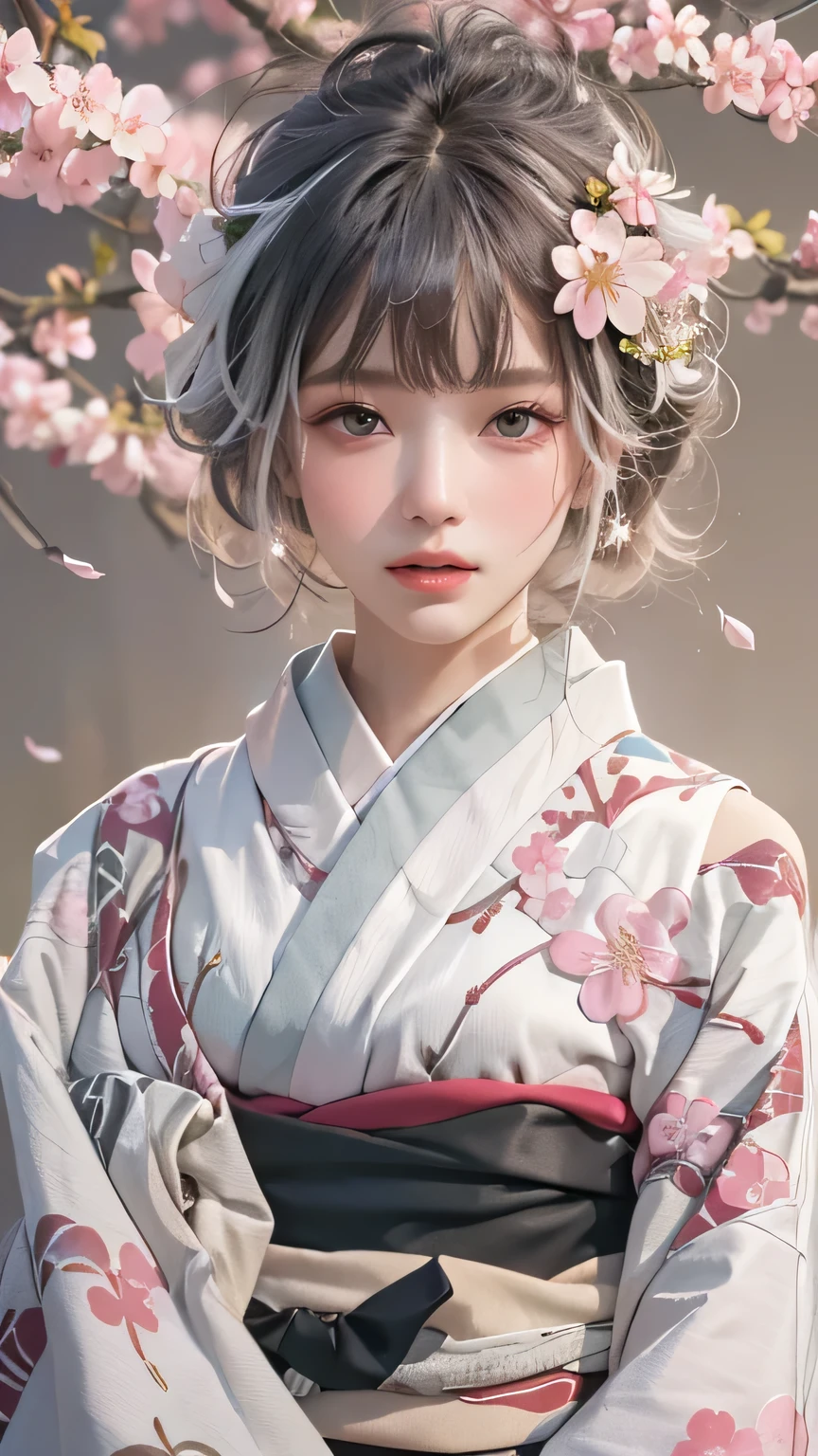 ((Hairstyled white hair:1.5))(Japan kimono with cherry blossom pattern:1.3), Symmetric, (highest quality, Photorealistic:1.4, Raw photo:1.2, Cinematic light, Highly detailed illustration), (1woman:1.3, alone), (Asian Girl, Very delicate face, Super beautiful face, Very delicate eyes, Ultra detailed nose, Very sophisticated mouth, Highly detailed facial features), woman, (Medium Bust:1.3), skin, Lip gloss, Laughter, Full Body View, High resolution, High resolution, 8k, Masterpiece 2:1, Skin Radiance, Glowing Skin, Young girl, Falling cherry blossoms、off shoulder, shoulder blades、kimono
